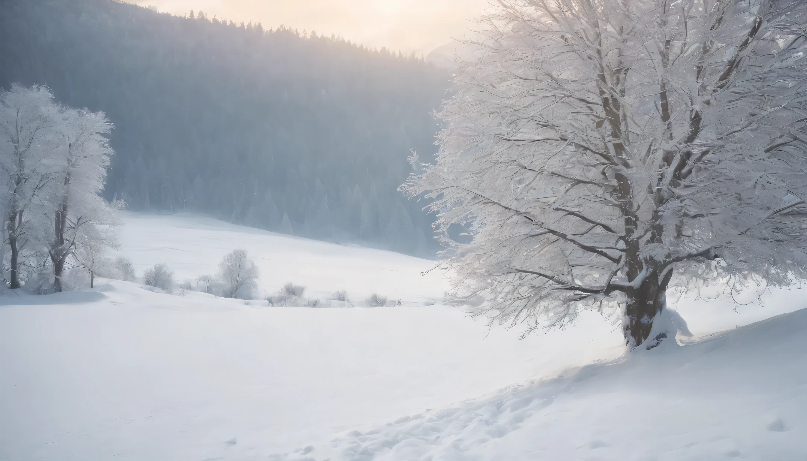 (Highly detailed CG Unity 8K wallpaper、masterpiece、highest quality、Super detailed)、(best lighting、best shadow、very delicate and beautiful)、highest quality、8K、Detailed facial depiction、masterpiece、highest quality、clear image quality、While the cold wind blows、Photo of a vast snow field and a lonely tree