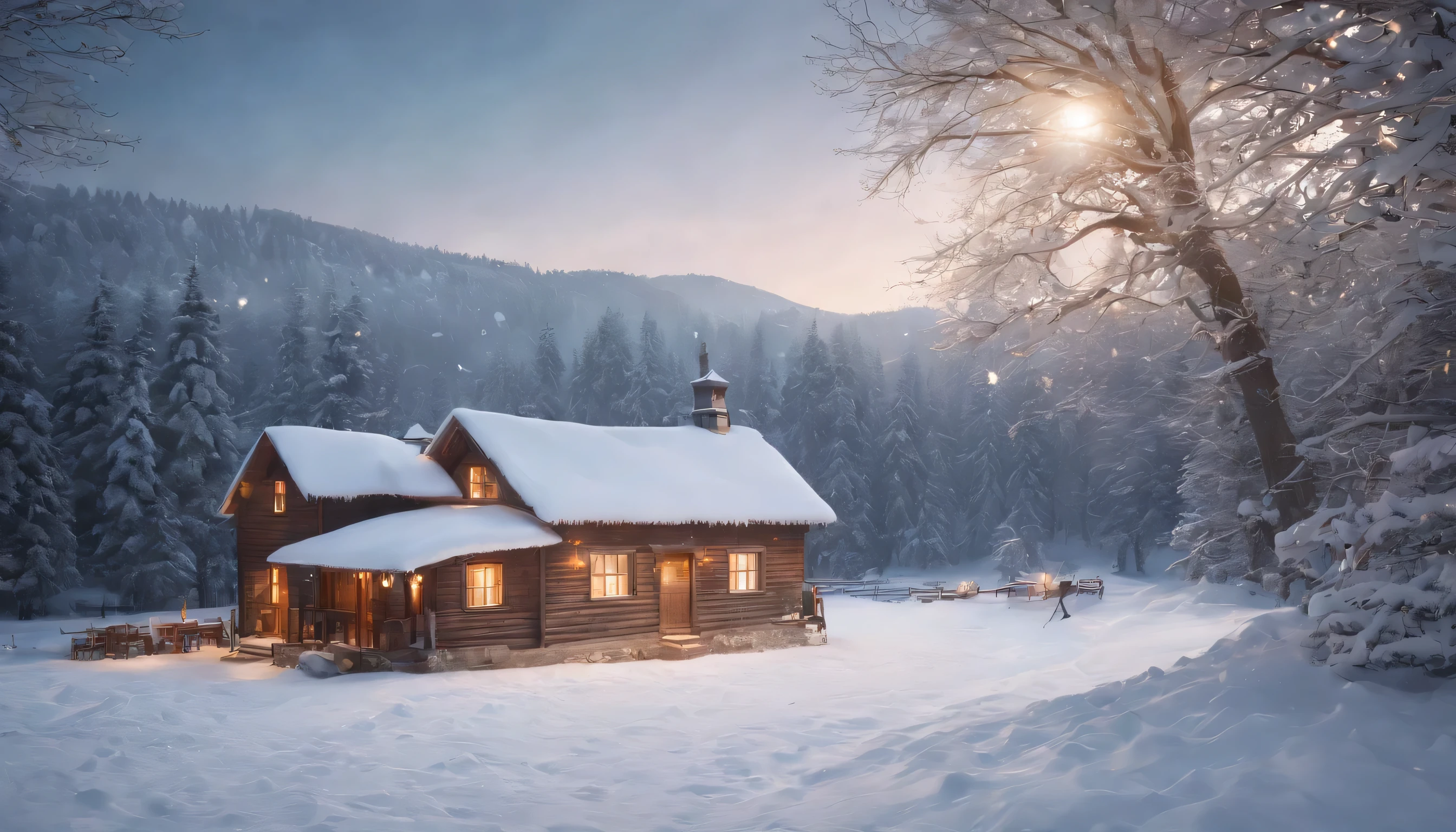 (Highly detailed CG Unity 8K wallpaper、masterpiece、highest quality、Super detailed)、(best lighting、best shadow、very delicate and beautiful)、highest quality、8K、Detailed facial depiction、masterpiece、highest quality、clear image quality、A photo of a night view where the warm light of the cottage stands out against the snowy landscape