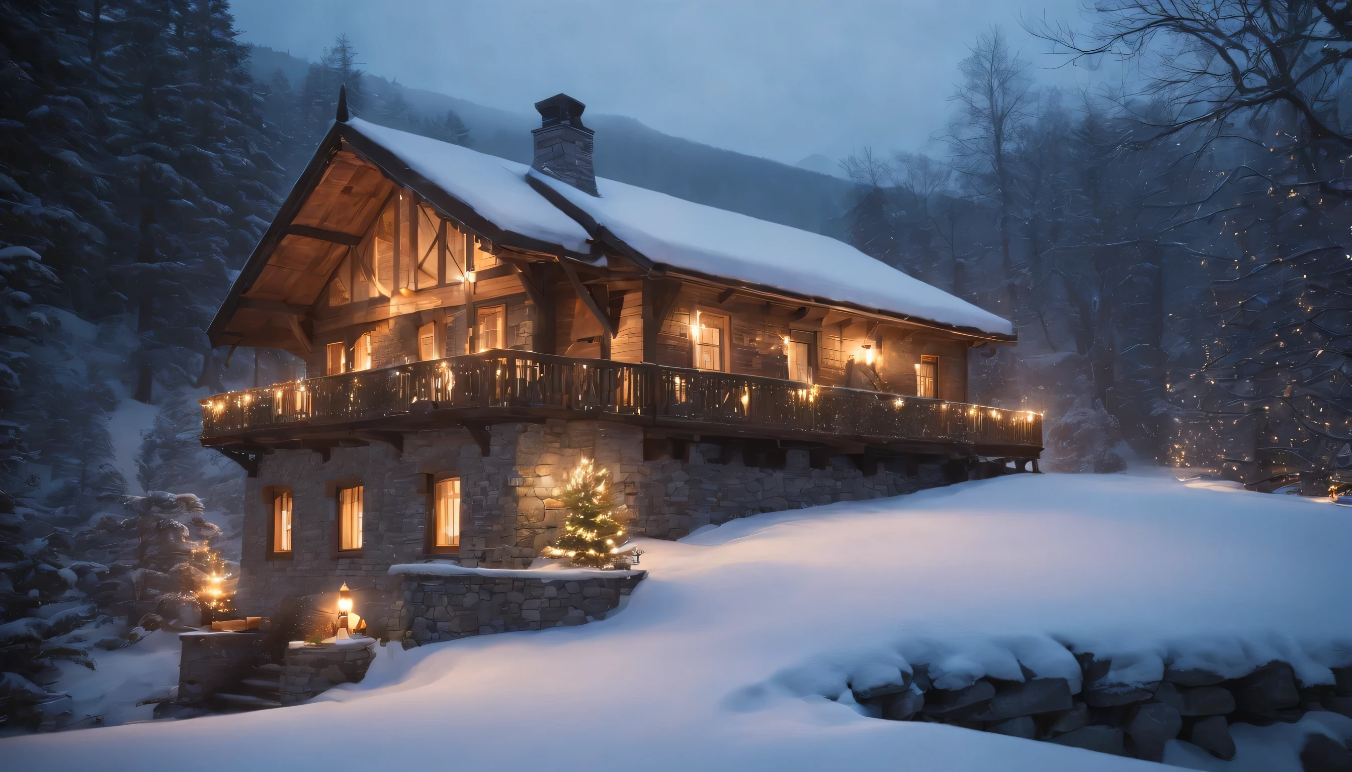 (Highly detailed CG Unity 8K wallpaper、masterpiece、highest quality、Super detailed)、(best lighting、best shadow、very delicate and beautiful)、highest quality、8K、Detailed facial depiction、masterpiece、highest quality、clear image quality、A photo of a night view where the warm light of the cottage stands out against the snowy landscape