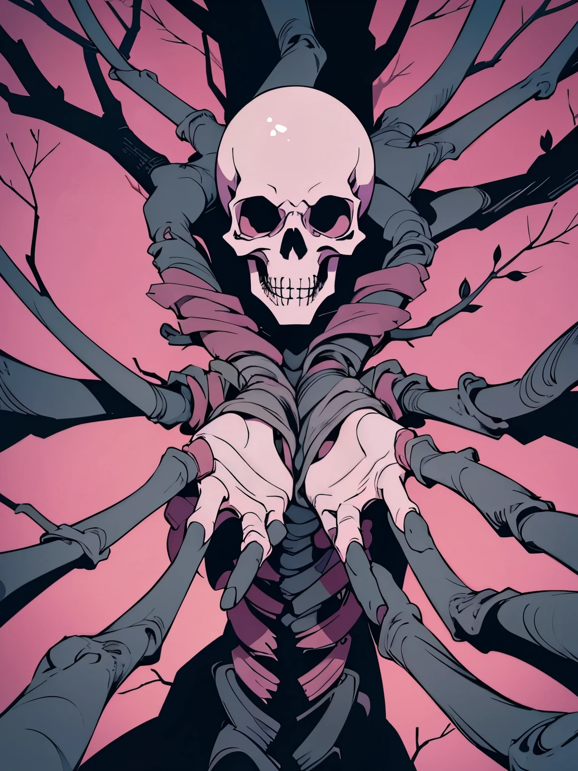 hands up in the air from center outward, numerous limbs, grey and pink, many arms, too many hands, junji ito style, in style of junji ito, the artist is charles burns, many trees, colorful, famine, drought trees, skulls, skeletal limbs, flat and close up, pink and grey flower at center, withered branches, flower center piece, dried branches of tress