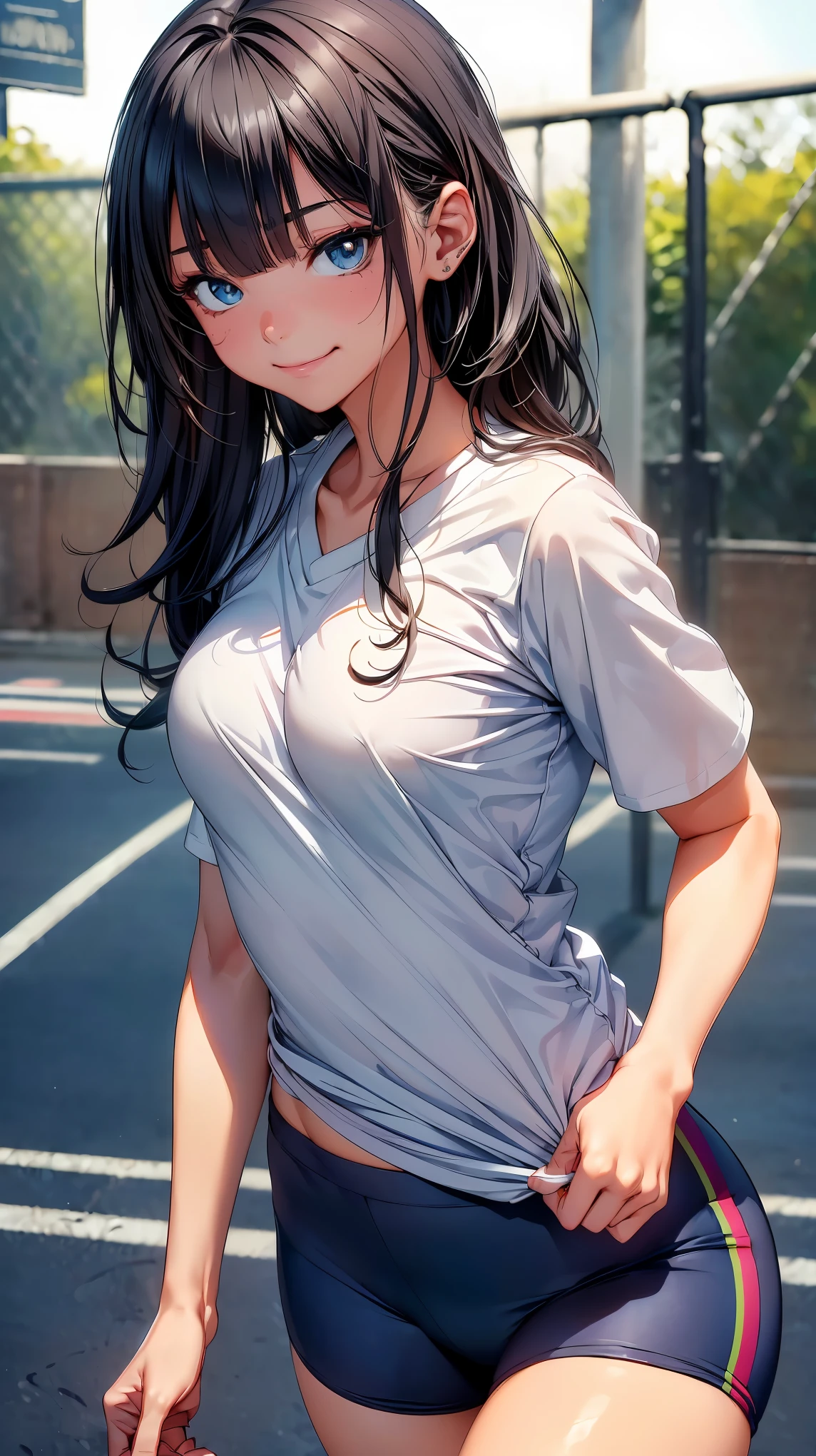 ((masutepiece, Best Quality, hight resolution, nffsw, Perfect Pixel, 4K, nffsw, nffsw))), 1girl in, Single, Solo, Beautie、full body seen、 ((Middle Wave Hair, Bangs, Brown hair)), ((Brown-eyed, Beautiful eyelashes, Realistic eyes)), ((Detailed face, Blushing:1.2)), ((Smooth texture:0.75, Realistic texture:0.65, Photorealistic:1.1, Anime CG style)), medium breasts, Dynamic Angle, Perfect body, White tennis wear, Shirts with short sleeve collar、pleatedskirt、(no-bra、see-through nipples)、、 tennis coat、during daytime、all-fours)、Very embarrassing panic smile、()