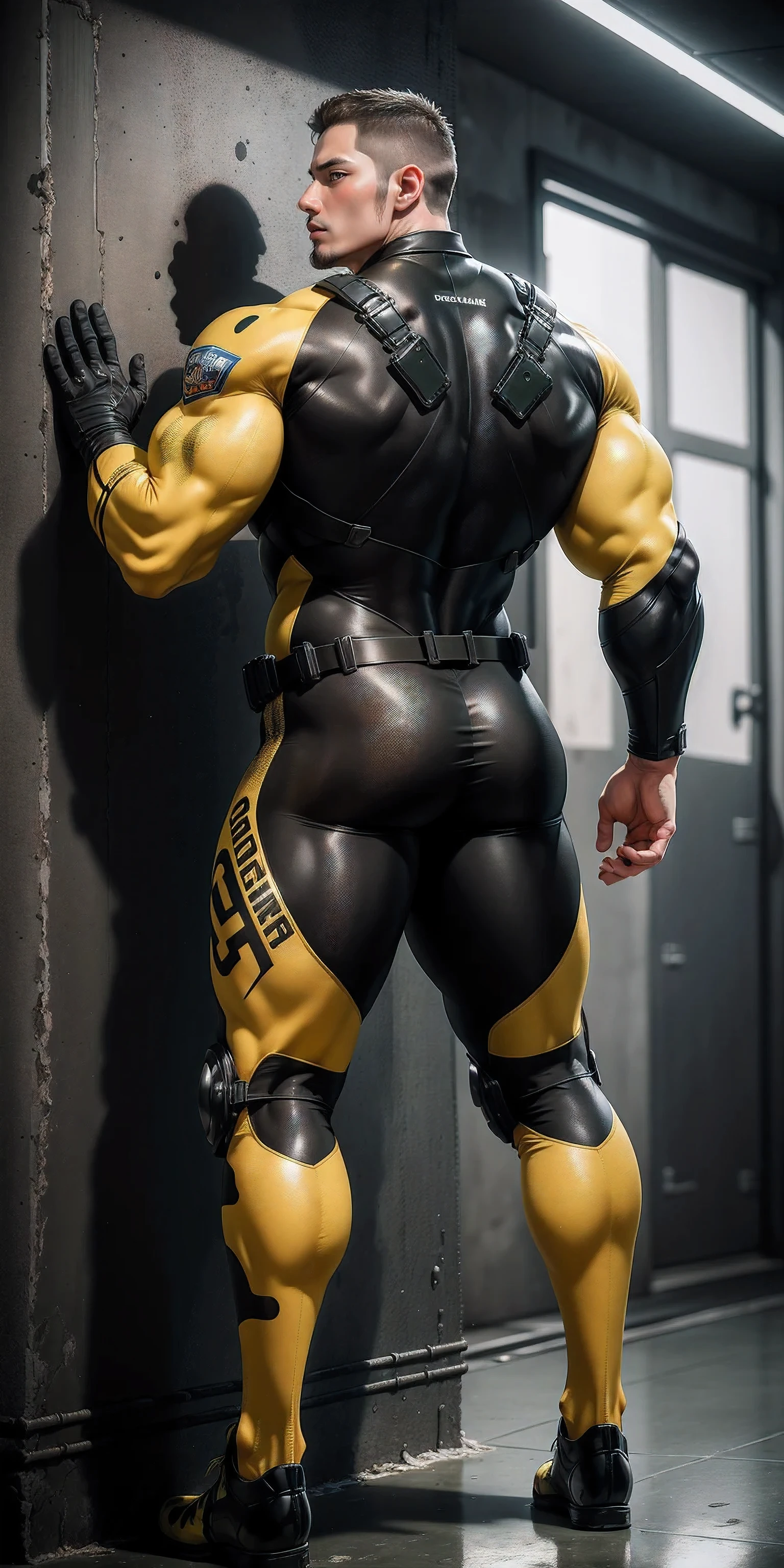 Tall giant muscular police officer back view.，Yellow and gray khaki camouflage wetsuit，Stick to the wall and hug the wall，Straighten your hips，character idea（Resident Evil - chris redfield，chris redfield）senior police officer，身穿Yellow and gray khaki camouflage wetsuit，matte texture，regular symmetrical texture pattern，Standing in the dark sugar cane jungle, The body is wrapped in thick rattan，sad expression，Deep and charming eyes，Emerald Pupil Hero，heroic male pose，高大burly，muscular！Charming leg muscles，High, burly, Heqiang， 身穿Yellow and gray khaki camouflage wetsuit， Super gain and cool， high resolution committee， Big feet in black boots，Charming strong man，The bright sunshine is shining on you，matte particles，shiny texture