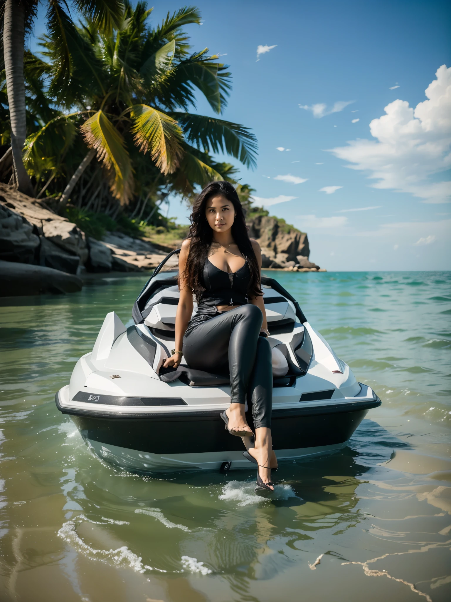 Malaysian woman, (40 years old), plump, sitting on a jetski, beach sea atmosphere, realistic, photograpy