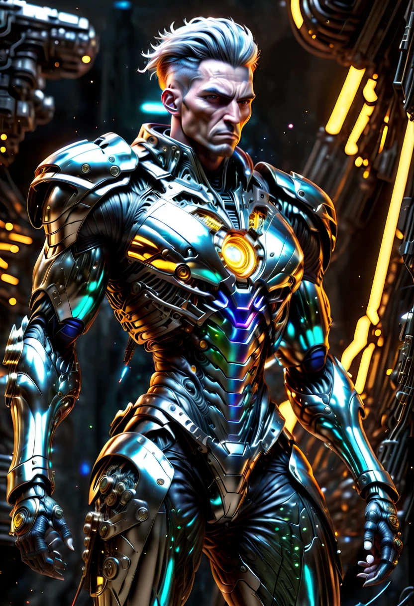 best quality，8k，high resolution，masterpiece，Super detailed，Realism，UHD，studio lighting，Super fine，Physically based rendering，Extreme detailed description,major,bright colors,Half length portrait of male warrior,futuristic,battlefield,steel体,Detailed mechanical parts,cable,gear,,intricate,atmosphere,Art Station Trend,DeviantArt trends,Mechanize the body，holding rifle，Aim for，intricate details，light，Complex and detailed machinery，Detailed face，steel，Chrome，polished metal，cable，pistons，Servo motors，off white，weathered，dieselpunk，oil slick，electric，fantasy