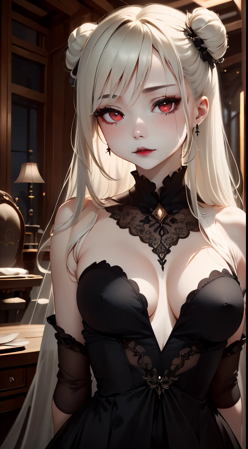 one girl、unparalleled beauty、cute face、ruddy face、fine eyes、(((vampire、deep red eyes、black lips、Expressionless)))、dark fantasy、Drifting eroticism、bun hair、blonde、Classy dresses、small breasts、ancient city、dark drawing room、Luxurious ornaments、dark lighting、dark lighting、masterpiece、highest quality、super resolution、best image quality、Super detailed、
