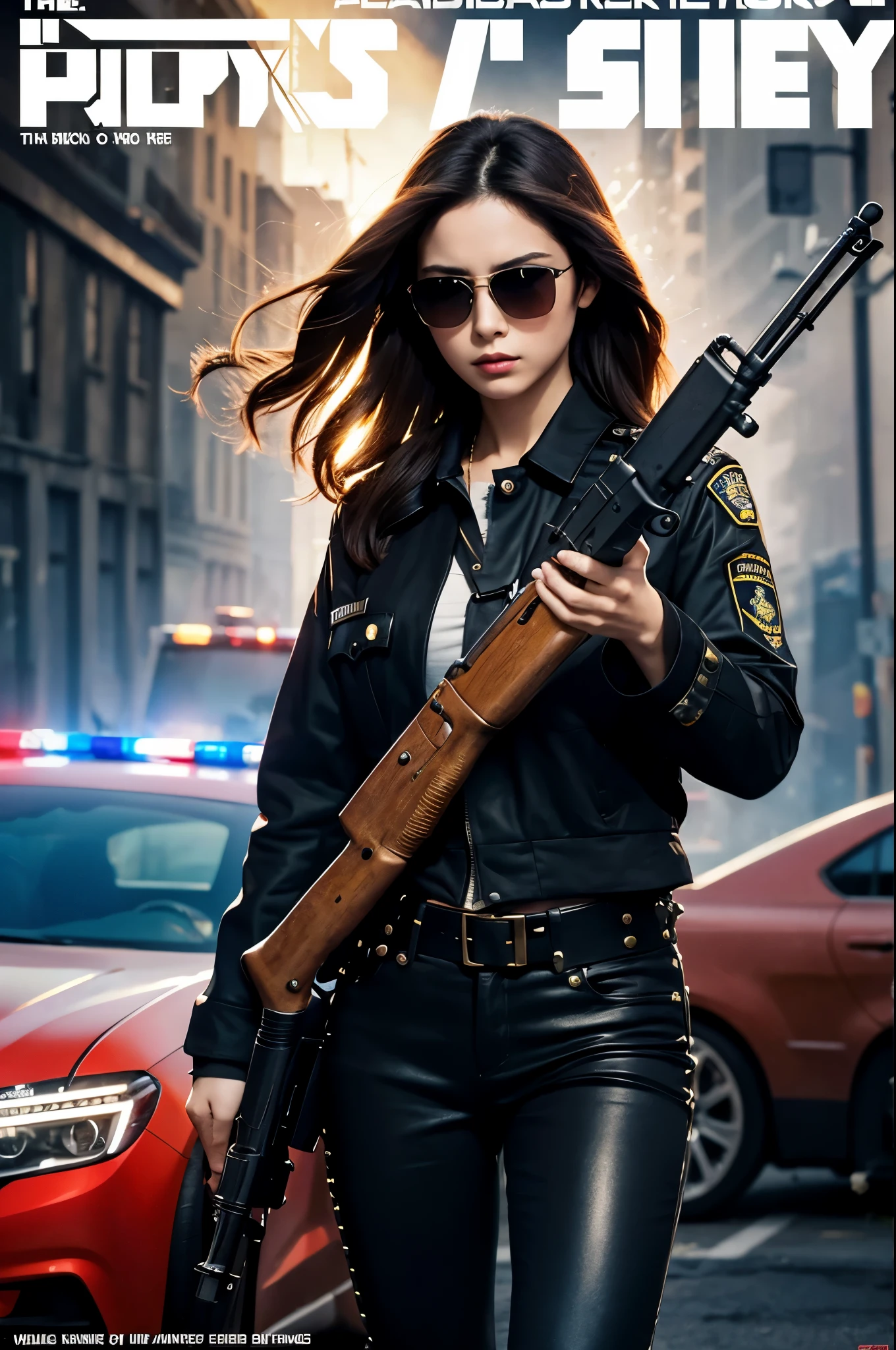 Police movie poster, beautiful woman, medium dark long hair,sunglasses, with big gun in hands, black clothes, rivets, explosions, cars, airplanes, just one body