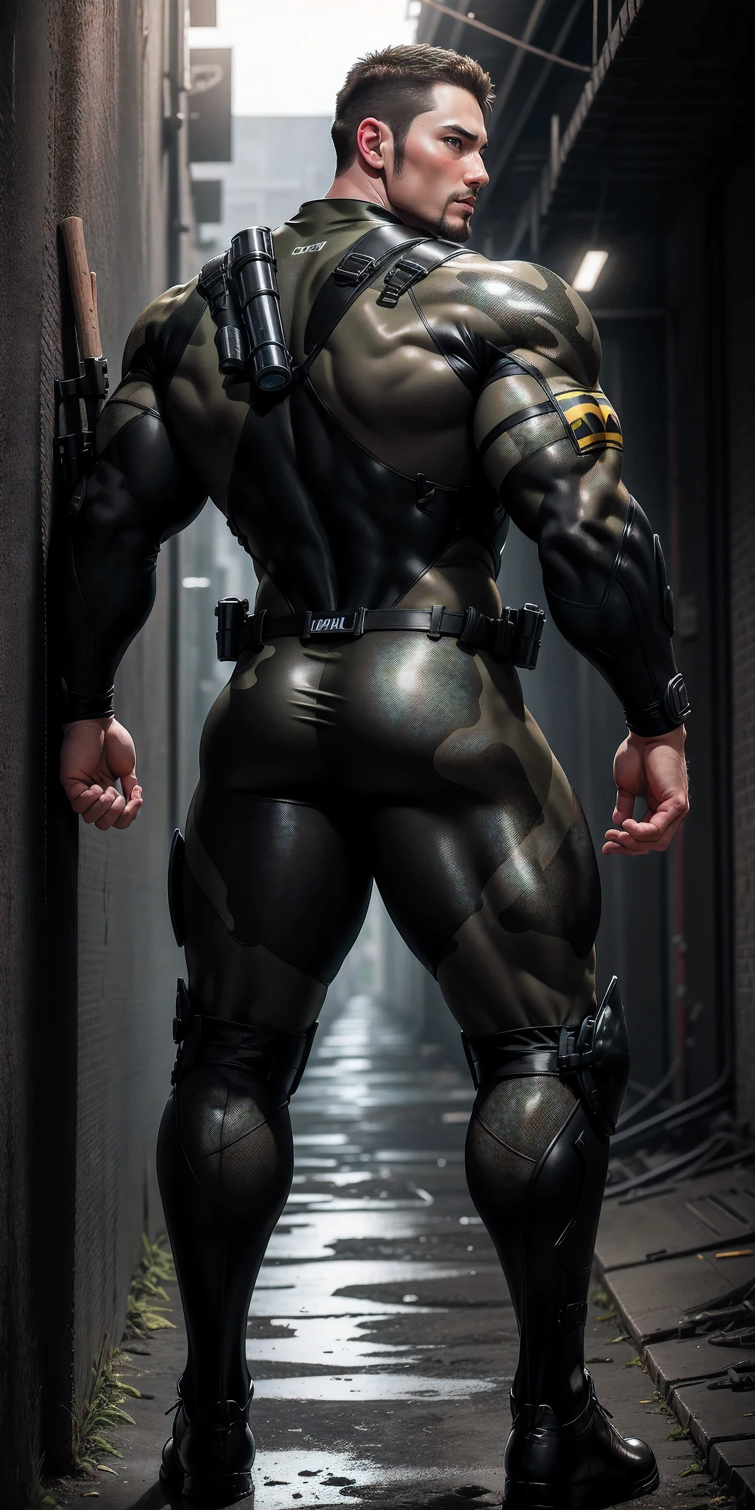 Tall giant muscular police officer back view.，Dark yellow and gray khaki camouflage wetsuit，Stick to the wall and hug the wall，Straighten your hips，character idea（Resident Evil - chris redfield，chris redfield）senior police officer，身穿Dark yellow and gray khaki camouflage wetsuit，matte texture，regular symmetrical texture pattern，Standing in the dark sugar cane jungle, The body is wrapped in thick rattan，sad expression，Deep and charming eyes，Emerald Pupil Hero，heroic male pose，高大burly，muscular！Charming leg muscles，High, burly, Heqiang， 身穿Dark yellow and gray khaki camouflage wetsuit， Super gain and cool， high resolution committee， Big feet in black boots，Charming strong man，The bright sunshine is shining on you，matte particles，shiny texture