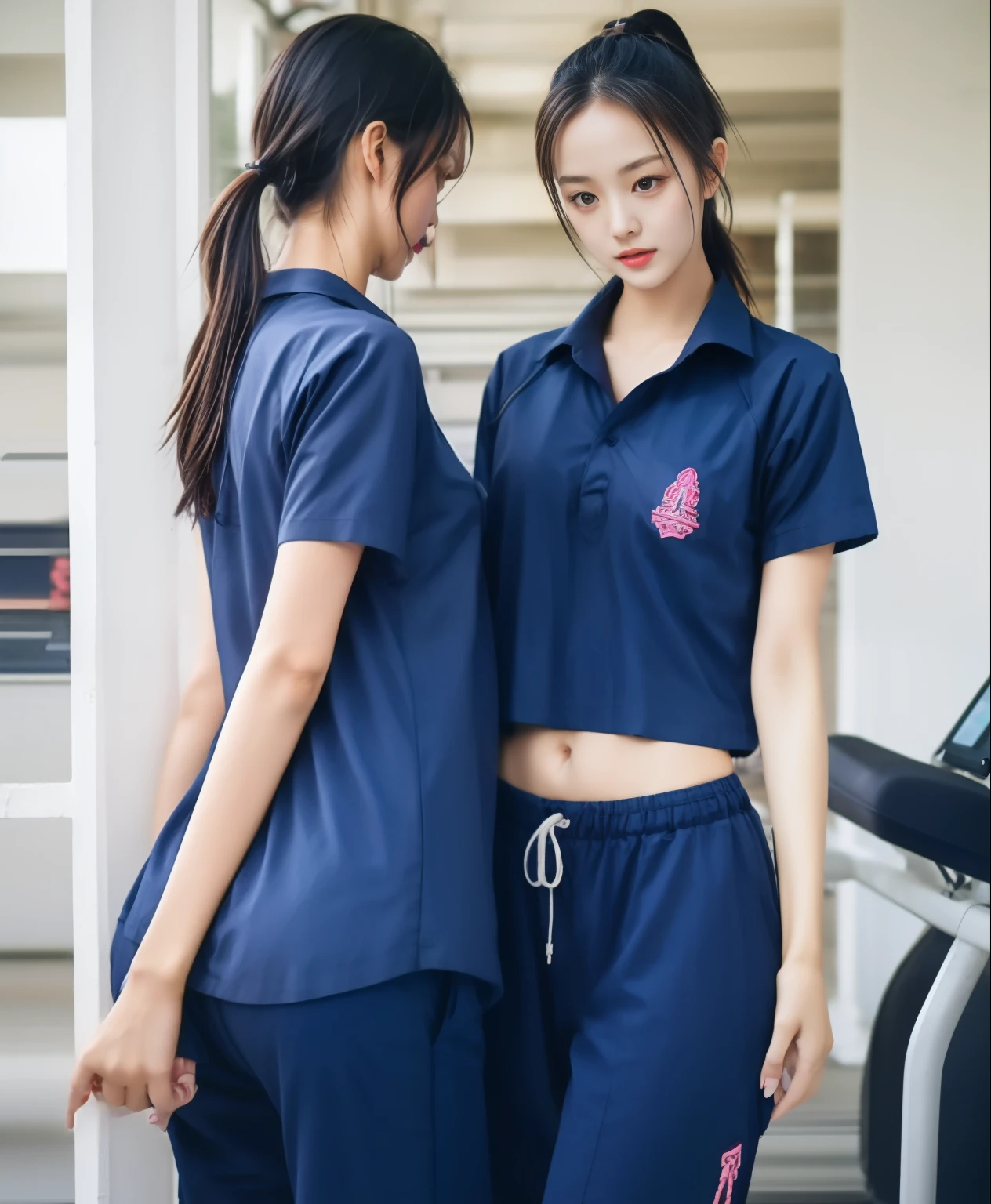 3 girls in fitness center, Navy blue short-sleeved shirt,Navy Long Trackpant,Sweatpants, Sweatpantsขายาว,25 year old girl, lesbian, sexy, exercise clothes, wet body, exercise clothes