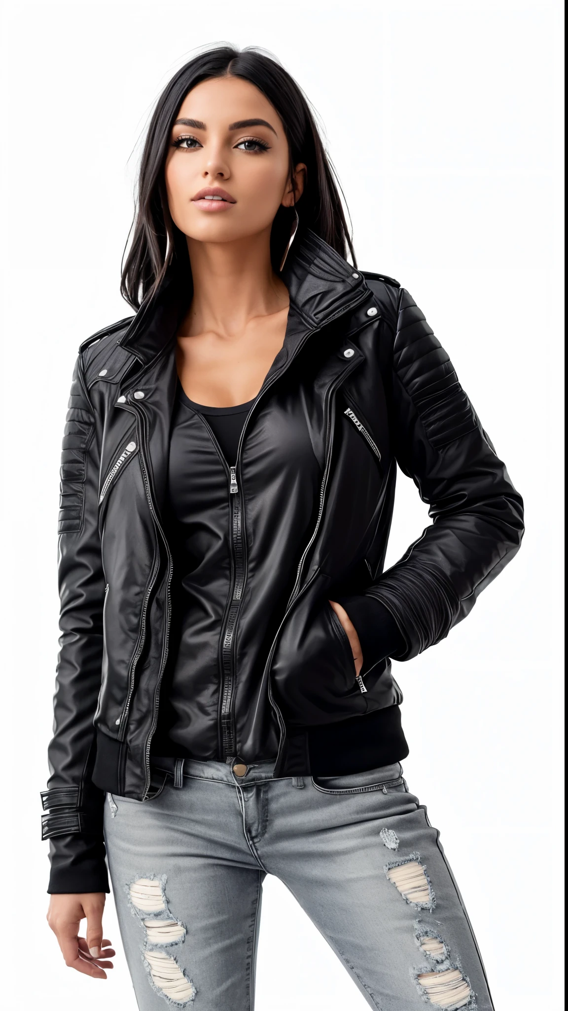 arafed woman in a black jaqueta esportiva and ripped jeans posing for a picture, encapuzado, black jaqueta esportiva, wearing a black jaqueta esportiva, black corta vento jaqueta esportiva, wearing jaqueta esportiva, jaqueta, wearing a fancy black jaqueta esportiva, vestindo um corta vento preto, long black jaqueta esportiva, roupas esportivas, black jaqueta | Brilhante, foto de perfil, feminine appearance, roupas esportivas, em uma jaqueta esportiva preto