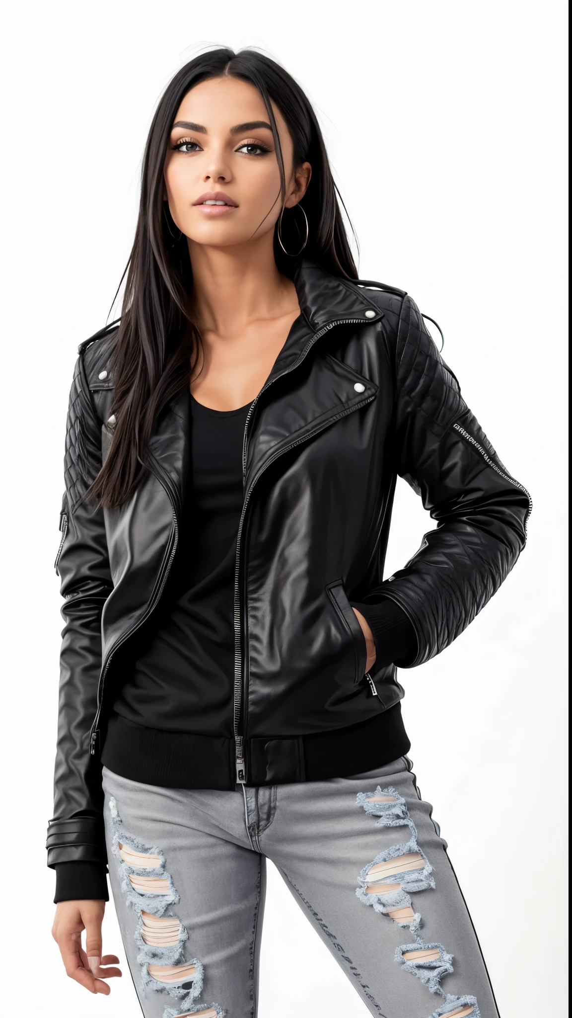 arafed woman in a black jaqueta esportiva and ripped jeans posing for a picture, encapuzado, black jaqueta esportiva, wearing a black jaqueta esportiva, black corta vento jaqueta esportiva, wearing jaqueta esportiva, jaqueta, wearing a fancy black jaqueta esportiva, vestindo um corta vento preto, long black jaqueta esportiva, roupas esportivas, black jaqueta | Brilhante, foto de perfil, feminine appearance, roupas esportivas, em uma jaqueta esportiva preto