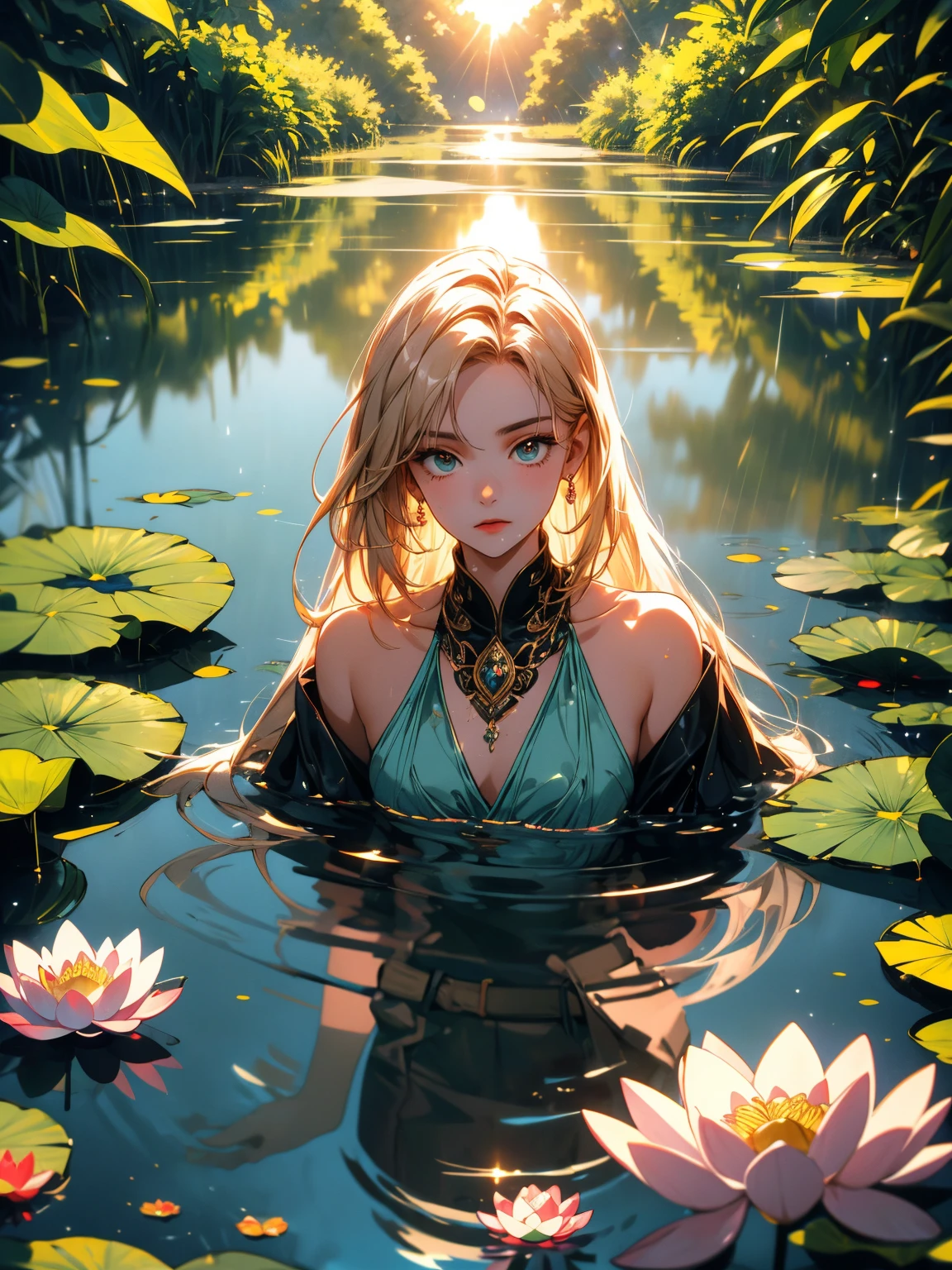 masterpiece,1 man,  Wallpaper, summer pond, pond, afternoon sun, surrounded by lotus leaves, pond background, depth of field, hot weather, high definition detail, wet, ultra detail, movie,  soft light, deep field focus bokeh, Ray Tracing, Diffuse (Extra Fine Glass Reflections)




