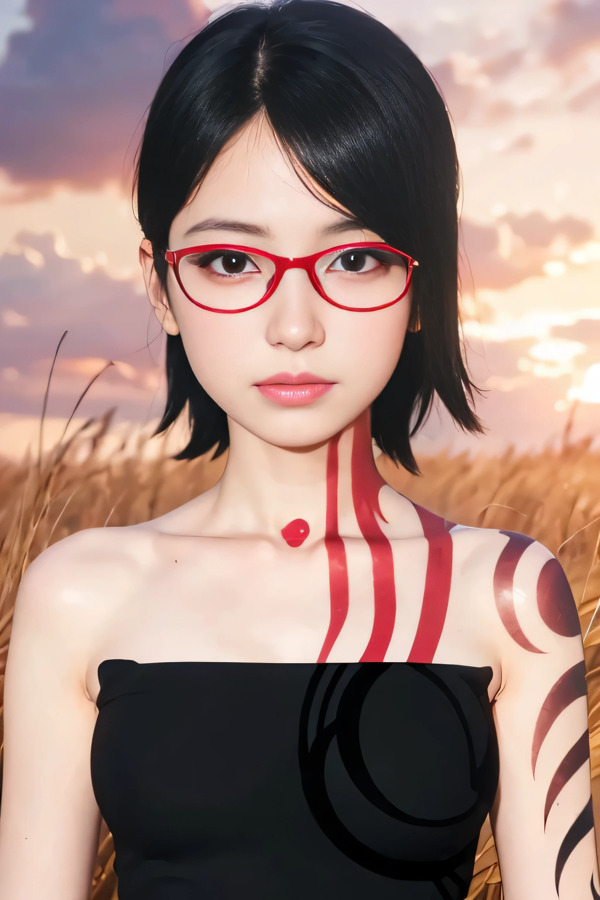 masterpiece, best quality, (realistic,photo-realistic:1.4), (RAW photo:1.2), extremely detailed CG unity 8k wallpaper, delicate and beautiful, amazing,finely detail, official art, absurdres, incredibly absurdres, huge filesize, ultra-detailed,extremely detailed eyes and face,light on face,(little smile),(wearing red framed glasses:1.4),sarada,(black hair:1.4),short hair,(wearing tube top:1.4),(grass field background:1.4),(red tattoo on body:1.4)