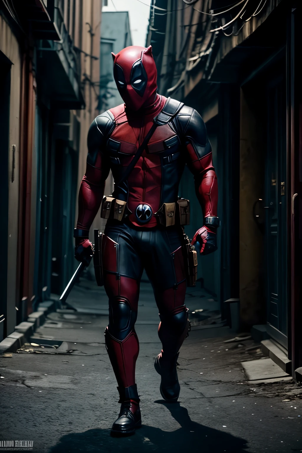 Deadpool, muscular, lean physique, black and red suit, tight spandex suit, spandex black and red mask, ((no ears)), 2 katanas hanging behind the back, straps on his chest, pistols on the waist, high resolution, ultra detailed CG Unity, cinematic lighting, shadings, 8k, trending on ArtStation, trending on CGSociety, center focus, alley