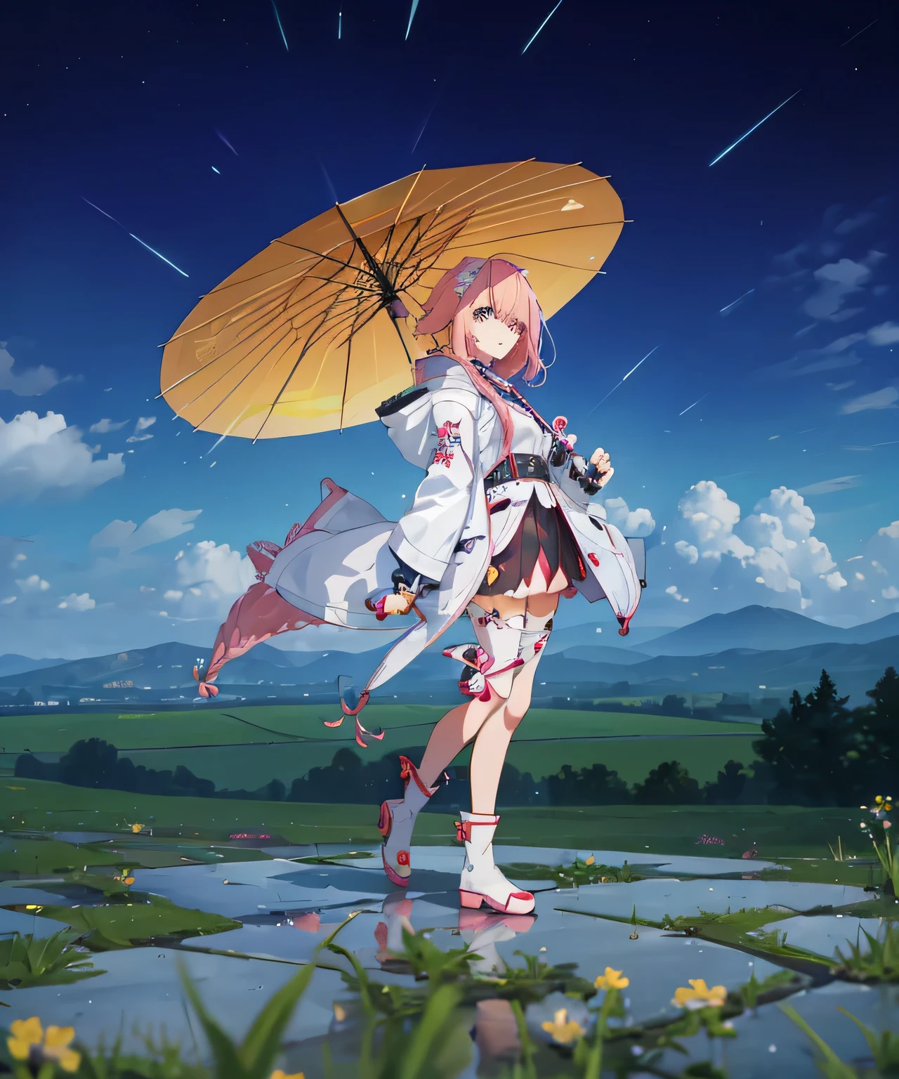 there is a woman with pink hair holding an umbrella in a field, multilayered outfit, fashion gameplay screenshot, rainy weather, raining!, ingame image, lunar themed attire, sakura kinomoto, clear outfit design, jrpg fashion, neon rain, weather report style, girl in raincoat, she is wearing a wet coat, colorful outfit