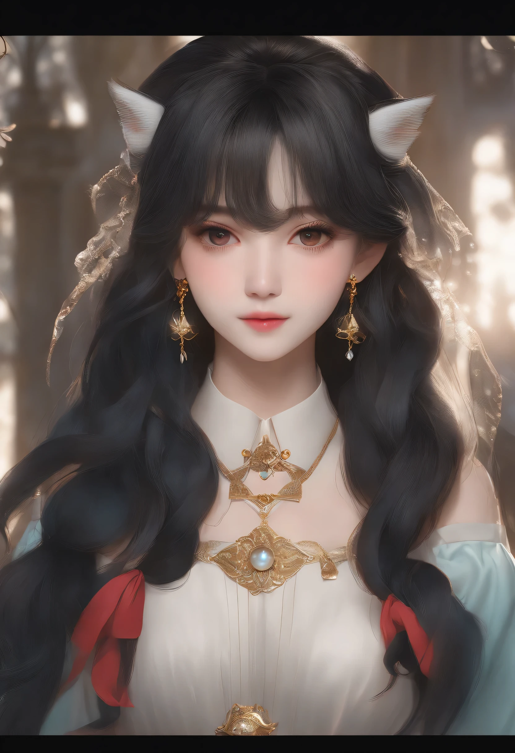 black hair, Hairball, Vince, long eyelashes, solid round eyes, fake animal ears, faint smile, red ears, direction, Best quality: Quadratic, silver hair, gradient hair, cover hair, hair between eyes, Large hair, Hair, shiny hair, Hair towel, halo, wearing glasses, There are moles under the eyes, star shaped pupils, aqua eyes, long eyelashes, crystal earrings, pout, Shy, purse lips, full blush, Surrealism, shadow, relief, Stereo view, vertical painting, Throw, atmospheric perspective, RococoStyle, divine light, Stereo view, 8k, Super details, precise, ultra high definition, high resolution