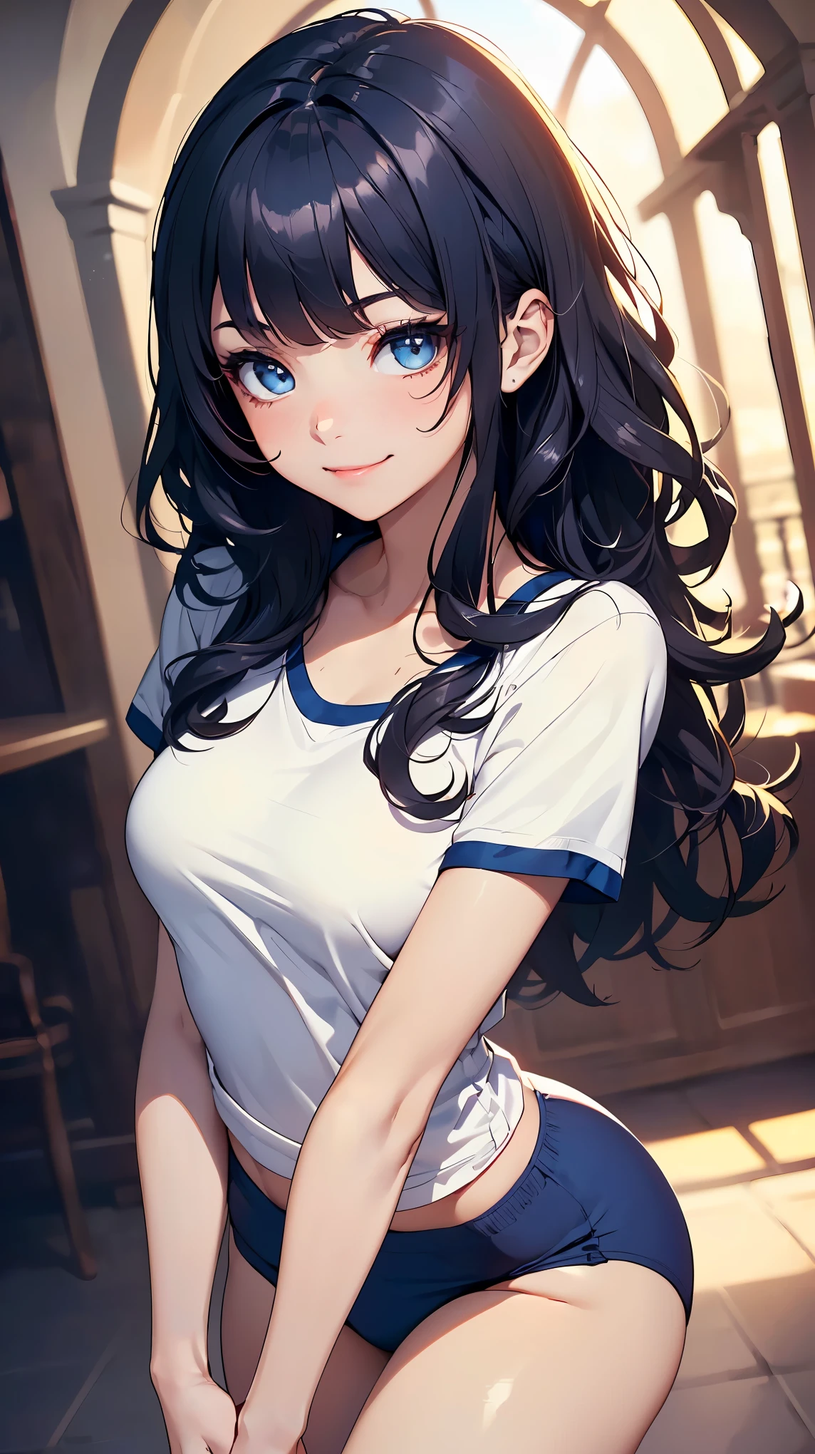 (8K, RAW photo, 最high quality, masterpiece:1.2), High-definition RAW color photo, Professional photo shoot, cinematic light, alone, (((young woman))), (Sharp features), (small face), (high detail skin:1.2), clavicle, cute face, beautiful appearance, long eyelashes, (rainbow colored hair, blue eyes), beautiful breasts, (slim body shape:1.4), very detailed顔と肌の質感, fine eyes, double eyelid, look sideways, in motion, ((shortcut, long bangs on one side, asymmetrical bangs, One eye hides, wavy hair)), slender body, ((open your mouth and smile:1.2)), big breasts, normal hip joint, cowboy shot, (((arch your body backwards:1.2, Preparatory exercise:1.2))), (((white training shirt:1.5, navy blue bloomers:1.5, Seductive thighs))), gymnasium background, staring eyes, beautiful skin, shiny skin, perfect fingers, five fingers, anatomically correct, background bokeh, high quality, surreal, bright colors, ((very detailed, photo shoot)),