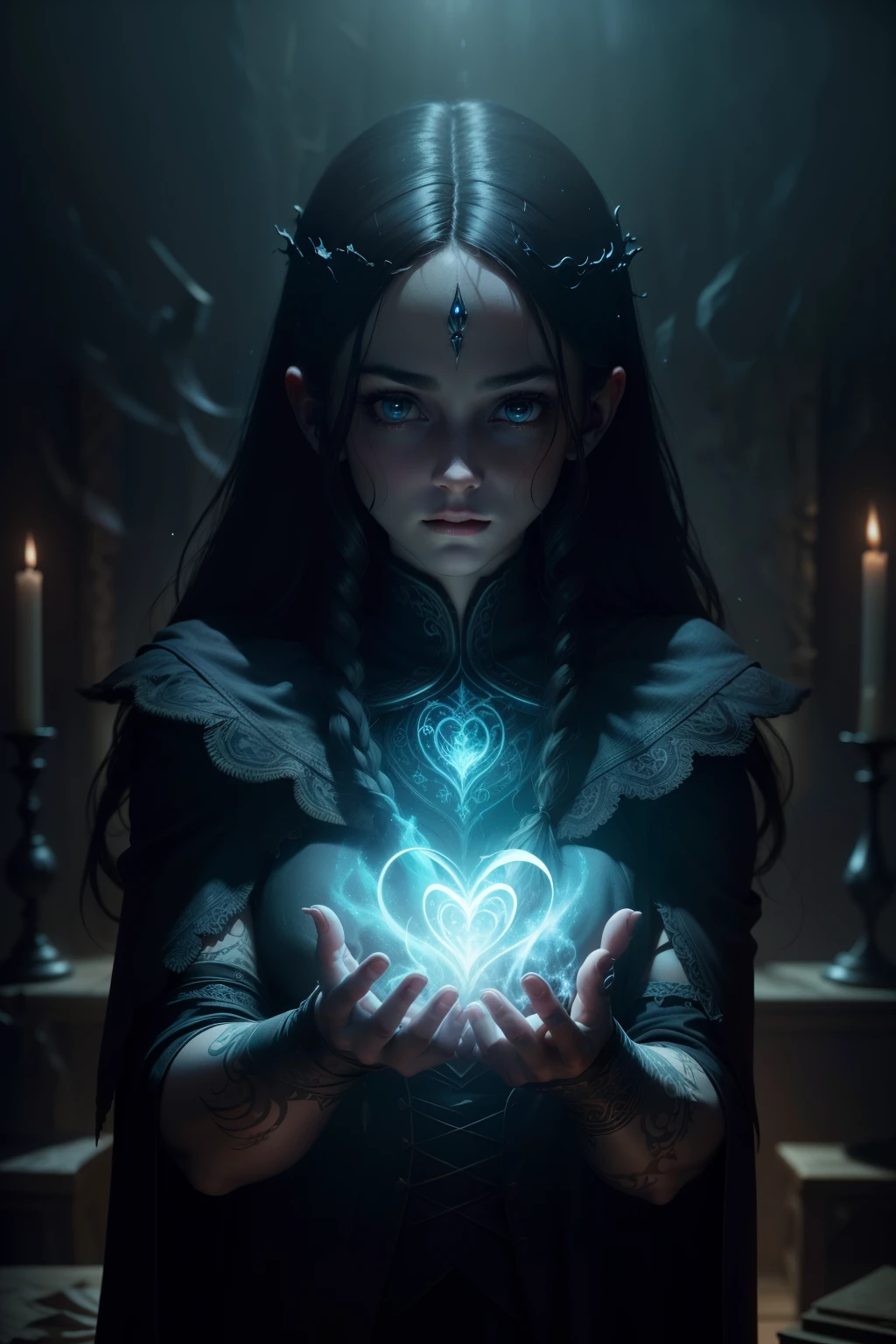 In the heart of a dimly lit, gothic studio, the close-up focus reveals the intricate details of the wizard's hands. Each vein and crease stands out brilliantly in the 32k UHD resolution, giving the scene a cinematic and hyperrealistic feeling. The hands, adorned with ancient symbols and intricate tattoos, hold aloft a wand, casting an eerie glow upon the room. The background is a mesmerizing blend of macabre and fantasy art, with twisted shapes and mystical creatures illuminated by the occasional burst of ethereal light. The overall effect is a mesmerizing and otherworldly tableau, inviting the view