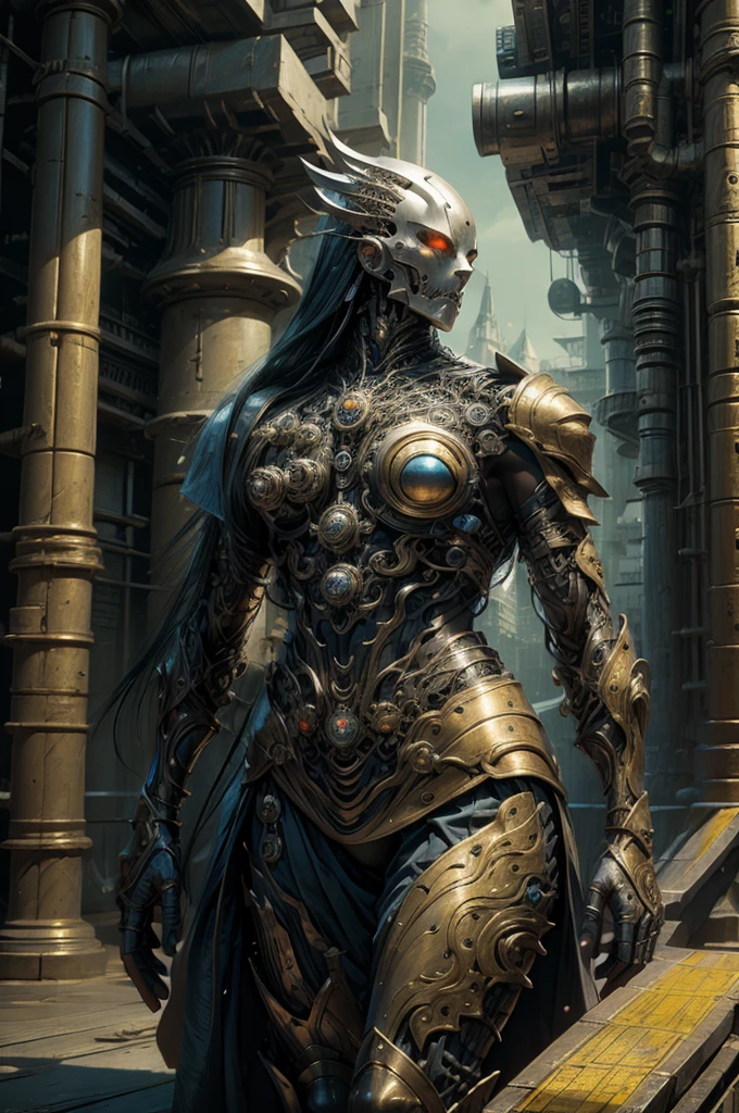 Beautiful mechanical warrior optical glowing eyes sci-fi technology beautiful armor, extremely detailed intricate details, A masterpiece of delicate brushwork, (best quality), (Super detailed), surreal landscape, sci-fi intricate details, Super detailed
