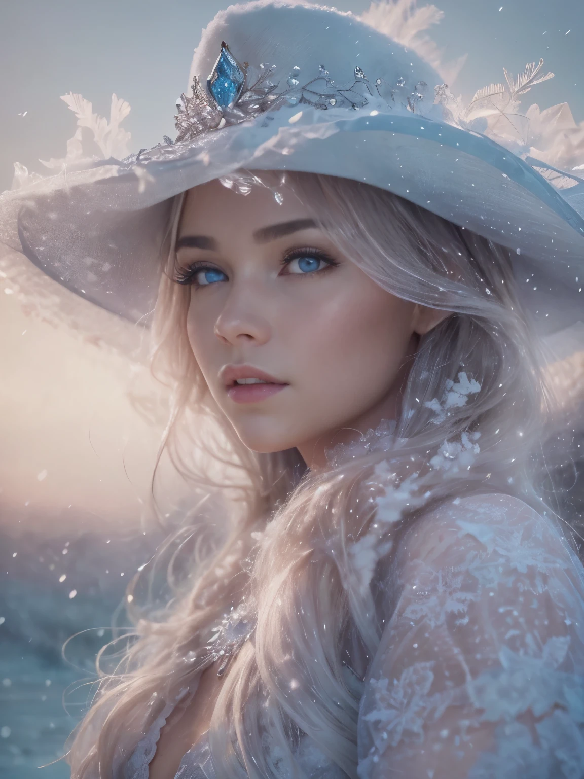 (best quality,4k,8k,highres,masterpiece:1.2),ultra-detailed,(realistic,photorealistic,photo-realistic:1.37), cowboy shot portrait,ice princess,an ultra hot gorgeous European woman, age 23. She’s a beautiful playmate, men magazine model. Beautiful detailed eyes,beautiful detailed lips,icy blue eyes,sparkling snowflakes falling around her,her hair,detailed snow crystals,delicate brush stroke painting,cool winter colors,soft pastel tones,subtle shadows,long eyelashes,vivid blue hues,ethereal atmosphere,sharp focus,high-resolution rendering,subtle sheen on the ice crystals,translucent skin,crisp air,dreamy expression,icy landscape in the background,pure white snowy ground,immaculate makeup,subtle blush on her cheeks,luminous complexion,dainty silver tiara on her head,powerful and enchanting presence,graceful pose,subtle glittering highlights on her hair,subtle bokeh lights,soft diffused lighting,dreamlike ambiance, cowboy shot photography.