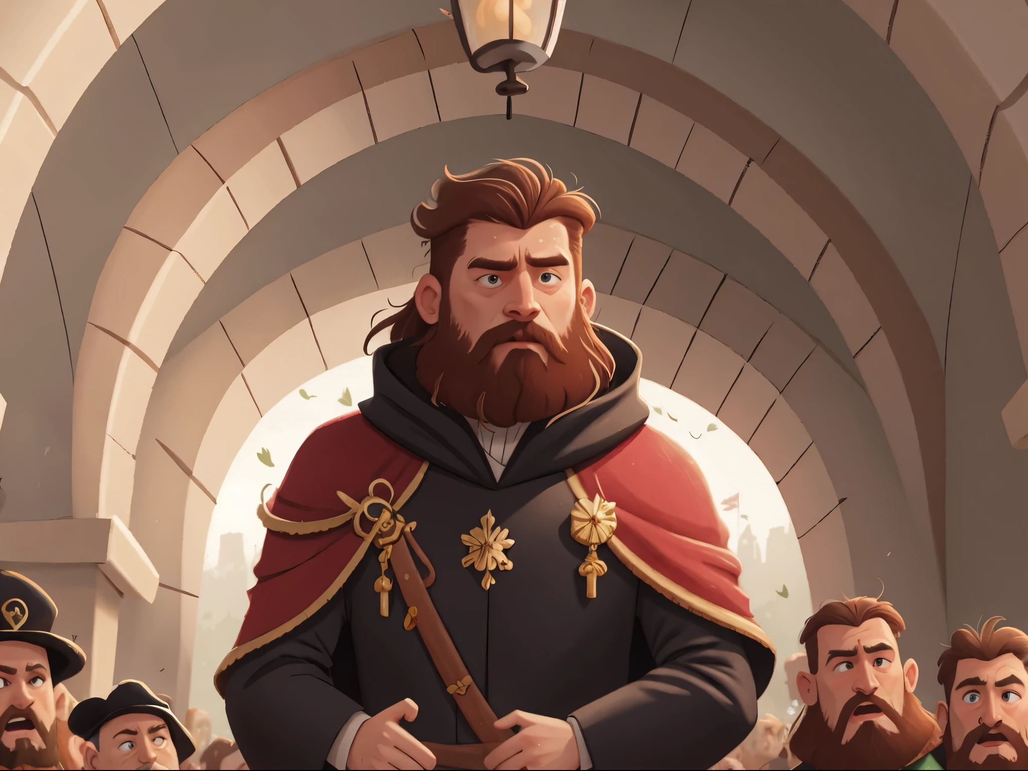 [[[Ultra-detailed, best[[[Ultra-detailed, best quality, beautiful, 4K, detailed faces, medieval stories]]], brown haired bearded man leaves behind a huge royal palace and a crowd of people wearing black robes quality, beautiful, 4K, detailed faces, medieval stories]]], brown haired bearded man leaves behind a huge royal palace and a crowd of people wearing black robes