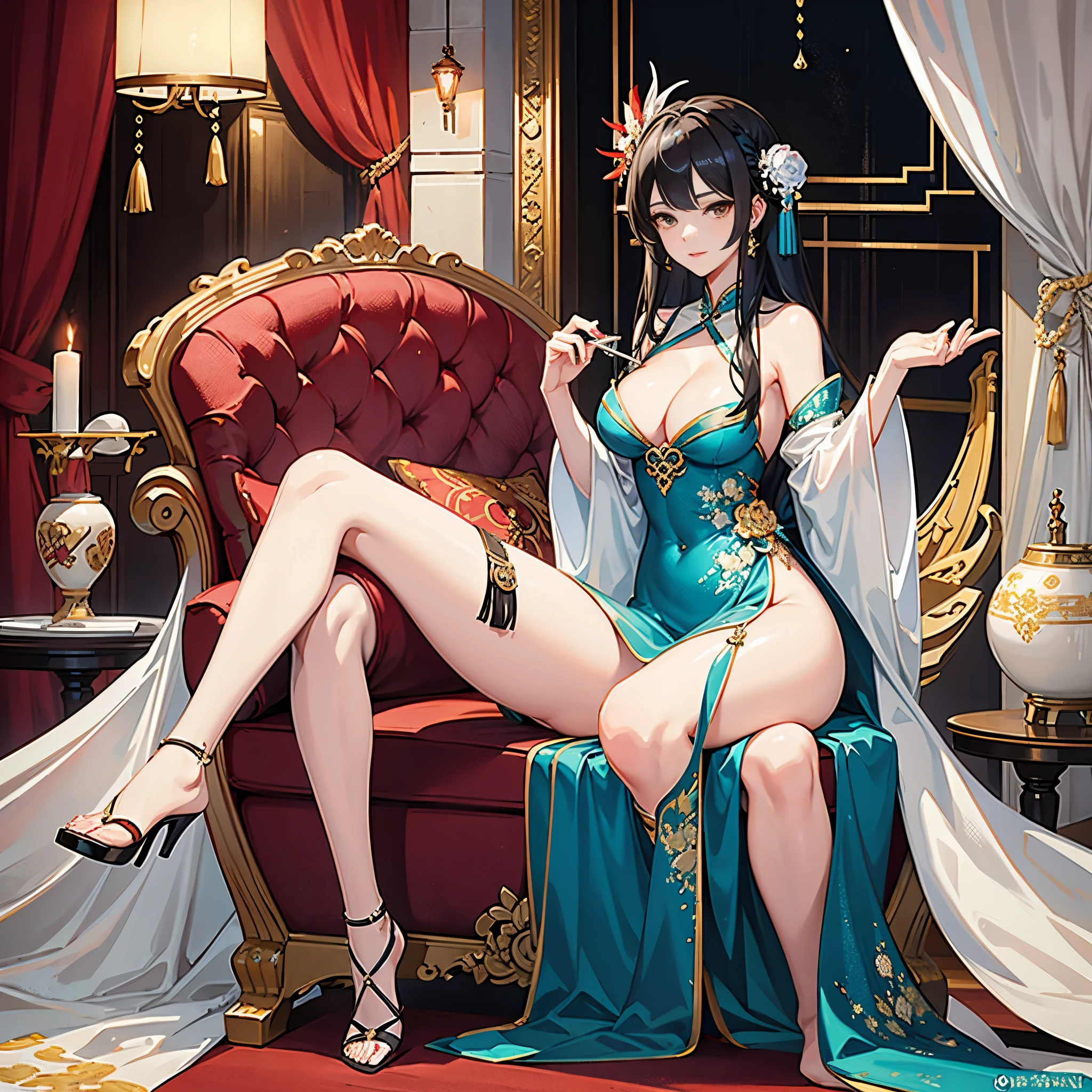 Sitting on an exquisite wicker chair, Her posture is lazy and seductive, One leg is raised gracefully, Showing off her slender legs in black stockings。She wore a tailored cheongsam, The tight design perfectly outlines her hot and sexy figure, Slim buttoned waist, Buttocks are round and raised, Breasts are plump and attractive。The high slit of the cheongsam makes her every move reveal endless charm.。, Her appearance is charming, The face is delicate, There is a hint of uninhibited temptation in his eyes。In her hand she holds an ancient folding fan, Shake gently from time to time, The fan is painted with exquisite patterns of flowers and birds, Perfectly complements her temperament。The red high heels added a touch of gorgeous color to her overall look.。, Personality-wise, Neo is passionate and lustful, every look in her eyes、Every movement is full of charming temptation, It seems to be sending a silent invitation to every customer who enters the custom shop.。With her elegant and charming words and actions, she, People can't resist her charm, She is the soul of this custom shop