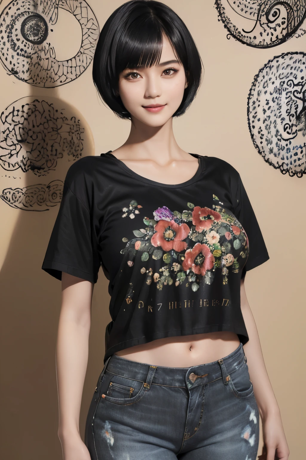155
(Black Shorthair:1.46), (a 20 yo woman), (A hyper-realistic), (Masterpiece), (8KUHD), (gentle smile), Slender waist, Wearing jeans, ((Floral Clothing - T-Shirts)), Wearing long pants, abstract painting, (doodle:1.46), (large breasts with good shape), (口紅)