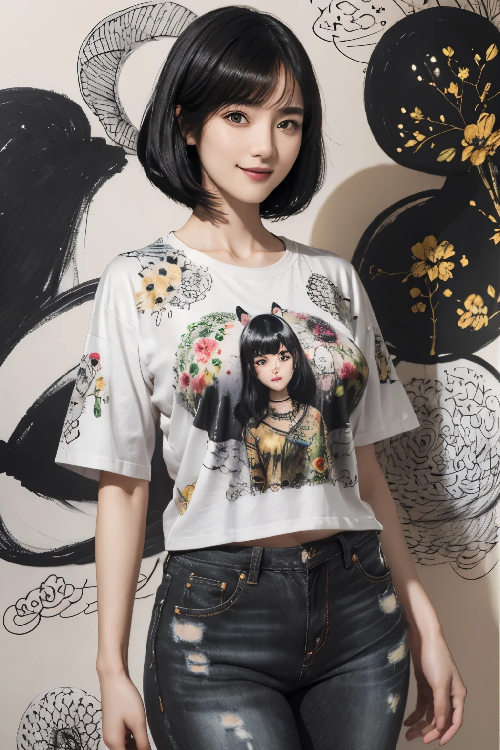 155
(Black Shorthair:1.46),  (a 20 yo woman), (A hyper-realistic), (Masterpiece), (8KUHD), (gentle smile), Slender waist, Wearing jeans, ((Floral Clothing - T-Shirts)), Wearing long pants, abstract painting, (doodle:1.46), (large breasts with good shape), (口紅)
