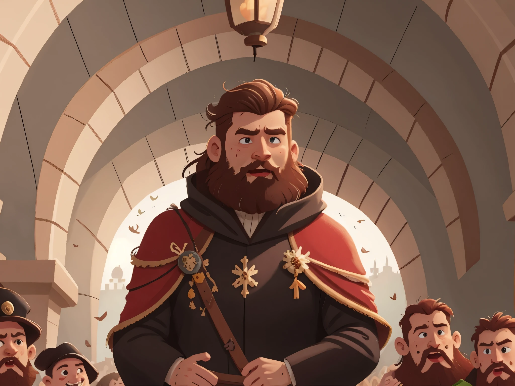 [[[Super detailed, best [[[Super detailed, best quality, beautiful, 4K, detailed faces, medieval story]]], the brown-haired bearded man left behind a huge palace and a group of people in black robes people, beauty, 4K, detailed faces, ((happy, happy, smiling, confident)), medieval story]]], a bearded man with brown hair left behind a huge palace and a group of people in black robes