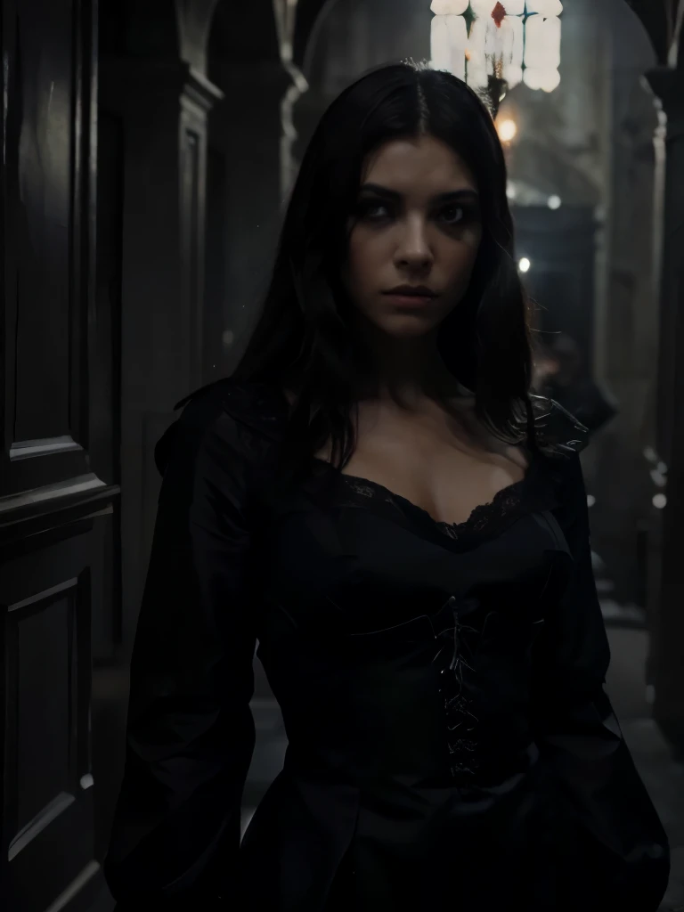 vestido de traje antiguo de sastre con Ojos grises, cabello oscuro corto, piel blanca., With a strong attitude and a dark and gloomy appearance ,casi como si fuera espectro, in a dark environment and with an expression of indifference and a dagger in his hand.