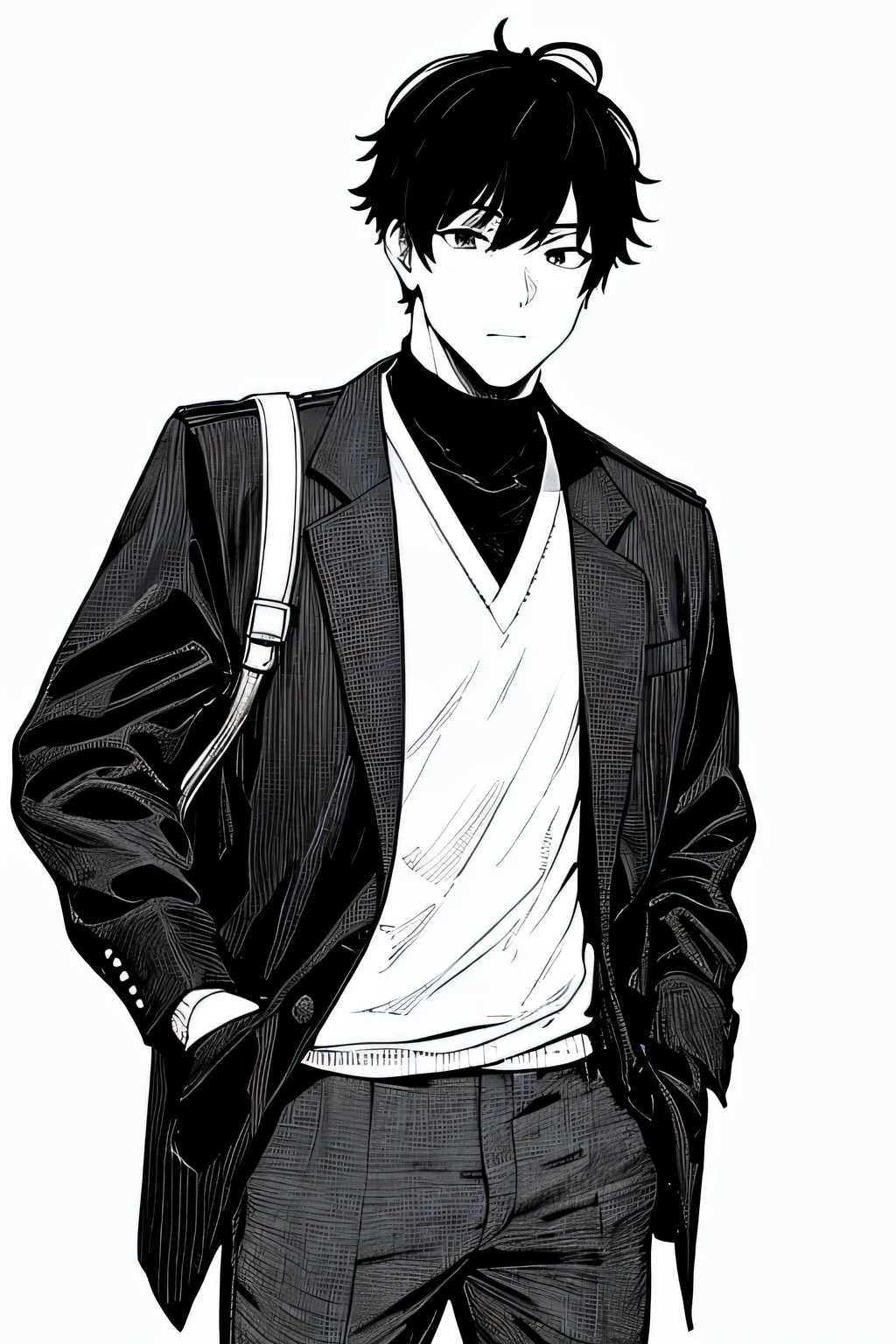 (Mejor calidad,high resolution,obra maestra:1.2),1 hombre,vestido con un uniforme,mano en el bolsillo,bolsa para la escuela,pelo negro,ojos negros,ciberpunk,calle,monocromo,arte lineal, retrato, retrato