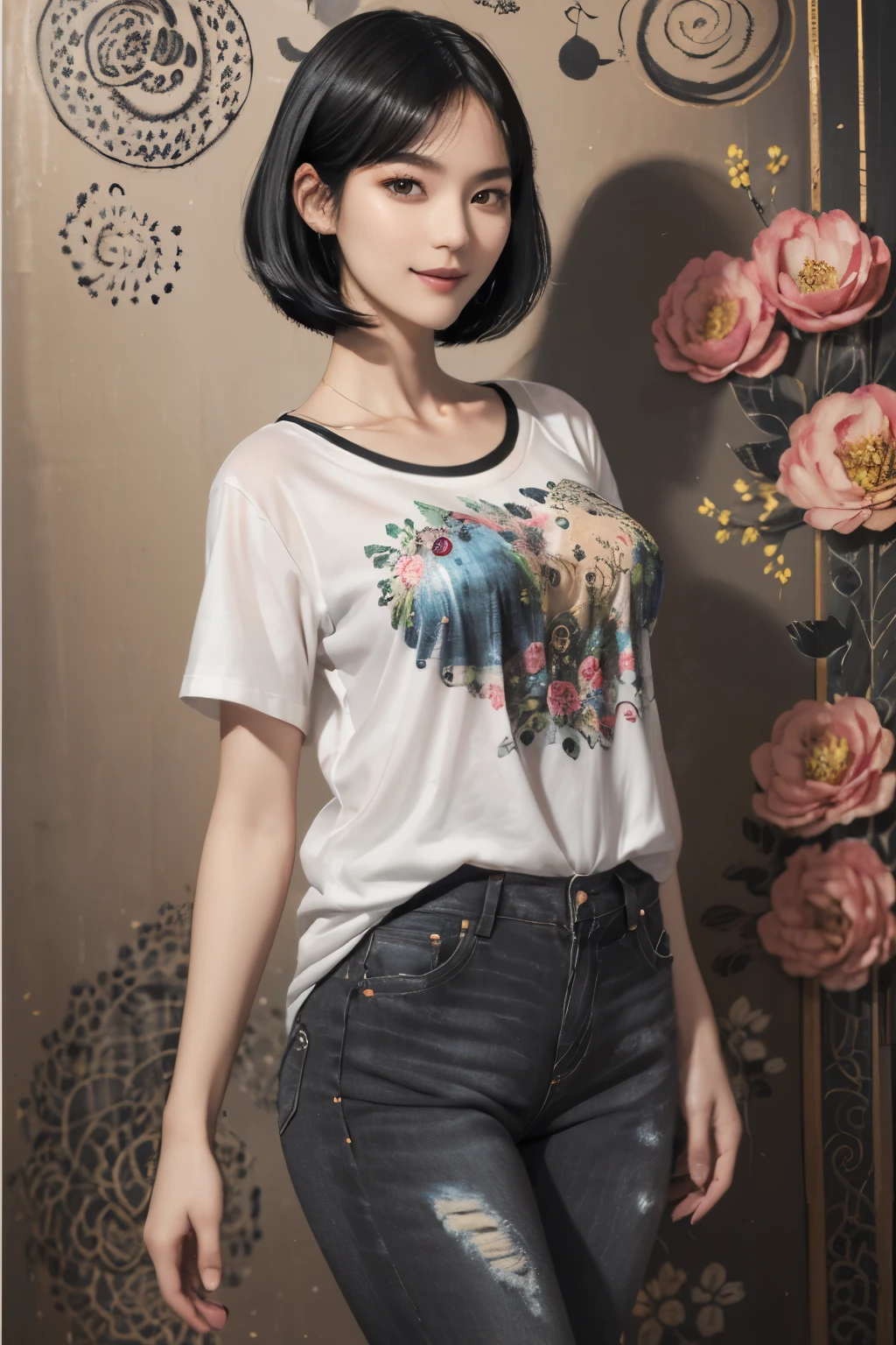 155
(Black Shorthair:1.46), (a 20 yo woman), (A hyper-realistic), (Masterpiece), (8KUHD), (gentle smile), Slender waist, Wearing jeans, ((Floral Clothing - T-Shirts)), Wearing long pants, abstract painting, (doodle:1.46), (large breasts with good shape), (口紅)