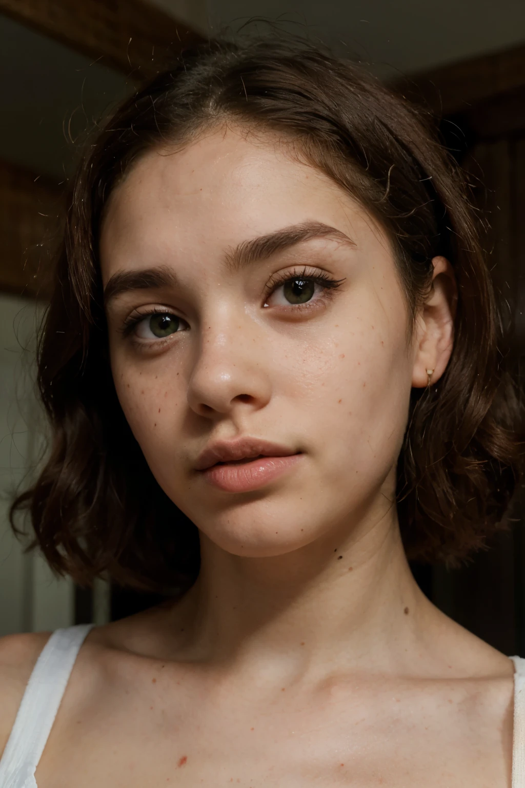 oval face , portait girl , red curly hair , small nose with small pimples , big upper lip , small black birthmark in upper lip ,green big eyes , thic black eyebrows in nike shape , freckled ,scare in lip