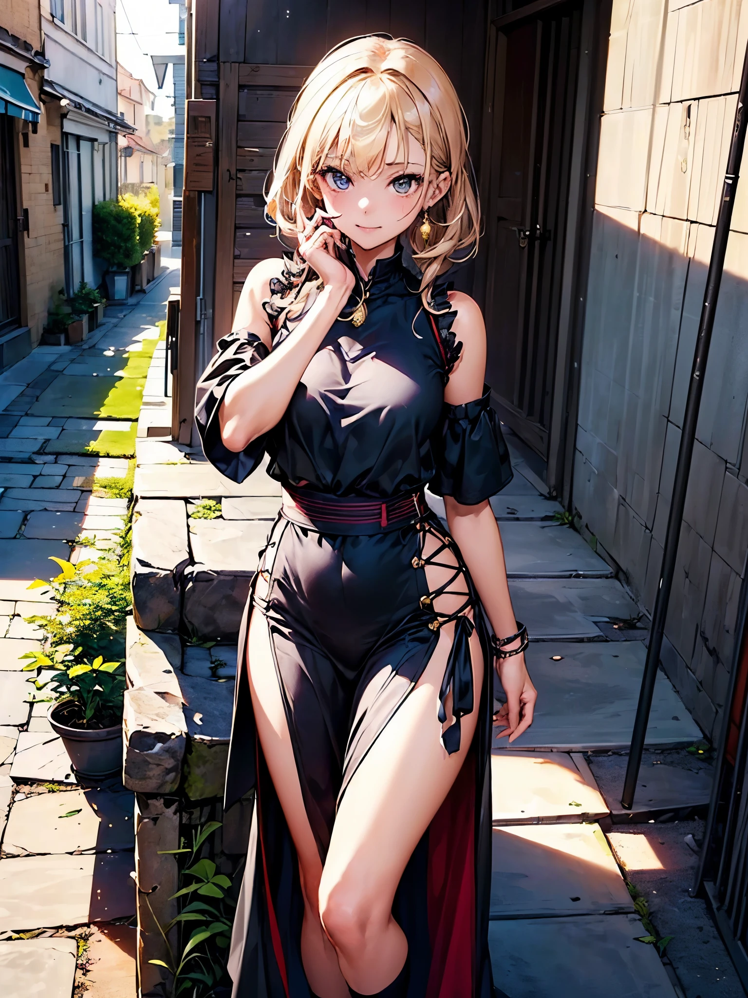 ((highest quality)),(ultra high resolution),(Super detailed),(detailed description),((best CG)),(best work of art),super precision art,great drawing art,(Works with precise details:1.5), (1 woman:1.6),(beautiful and well-shaped face:1.5),(緻密で詳細に描写されたレース付きSee-throughドレス:1.8),See-through:1.4,Luxury jewelry with intricate details:1.5,Waist Accessories:1.5,Look at me and smile:1.5