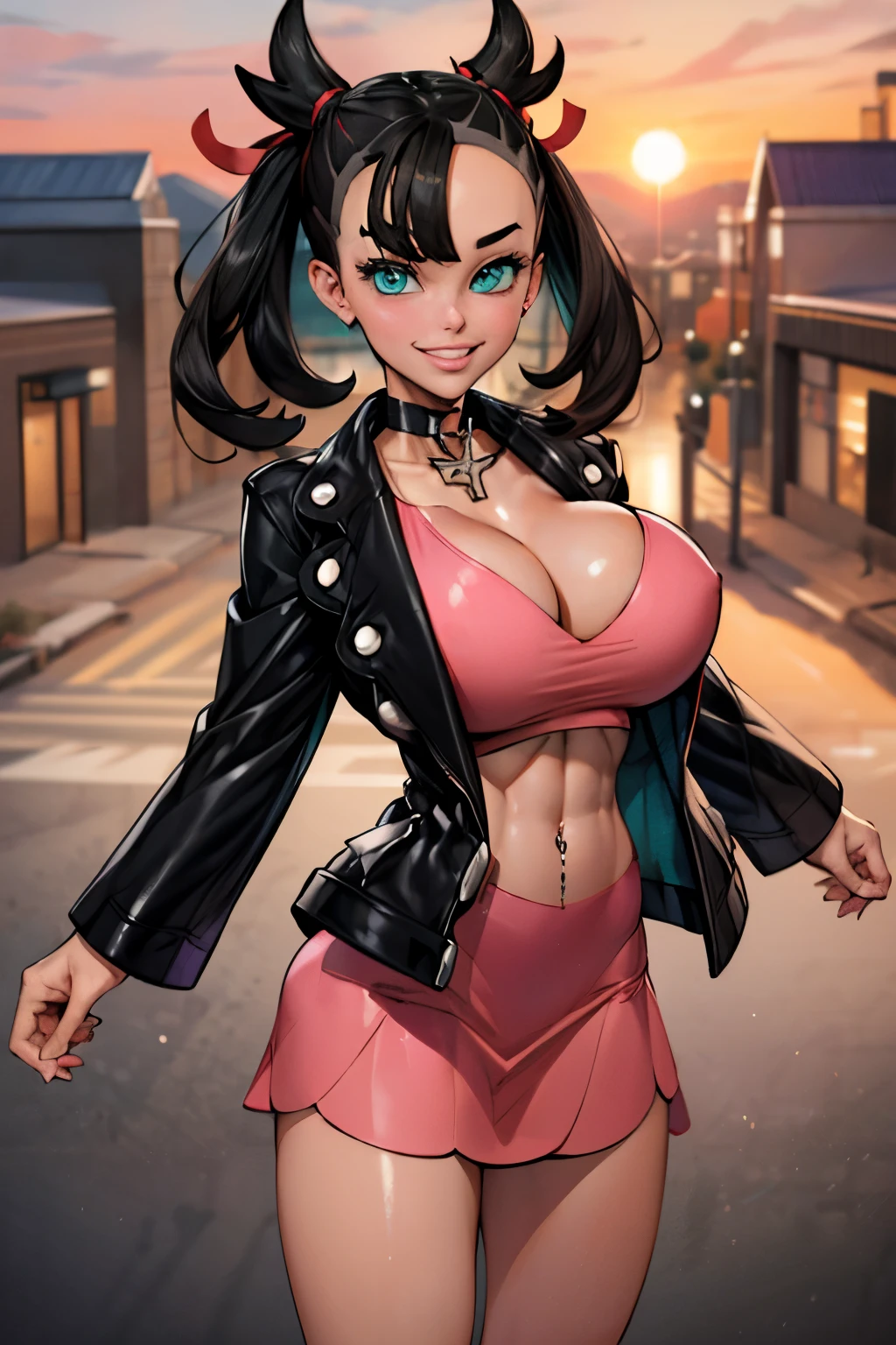 ((masterpiece,best quality)), absurdres, Marnie, aqua eyes, black choker, red ribbon, pink dress, jewelry, (hair bangs), black jacket, open clothes, long sleeves,  solo, smiling, looking at viewer, (slendered abs,, v cut abs), cowboy shot, cinematic composition, contrapposto, (navel exposed), belly button, navel piercing, (gigantic breasts), sunset lighting, pokemon city, puffy lips