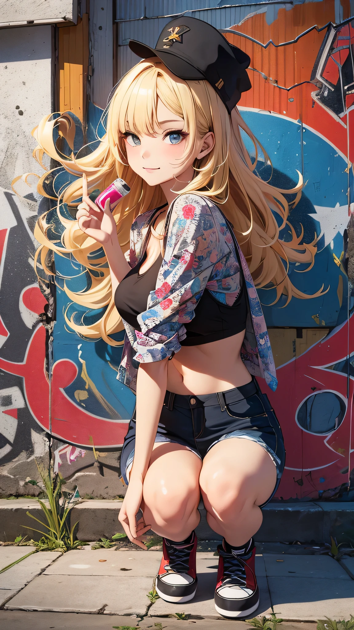 最high quality、best image quality、masterpiece、age girl((18-year-old、 By becoming、vest bust、medium bust,wide open breast tea、black eye, blonde hair、Habitual hair、long hair、thin,highest valley、navel black tank top、blue shorts、Holding a spray can、smug face、peace sign、paint跡、black aloha shirt、squat、open your legs)),high quality、beautiful art、background((Bright city、wall、graffiti、paint、Hawaii、Waikiki))debris flies、Depth of written boundary、movie、visual art、perfect art、8K,genuine