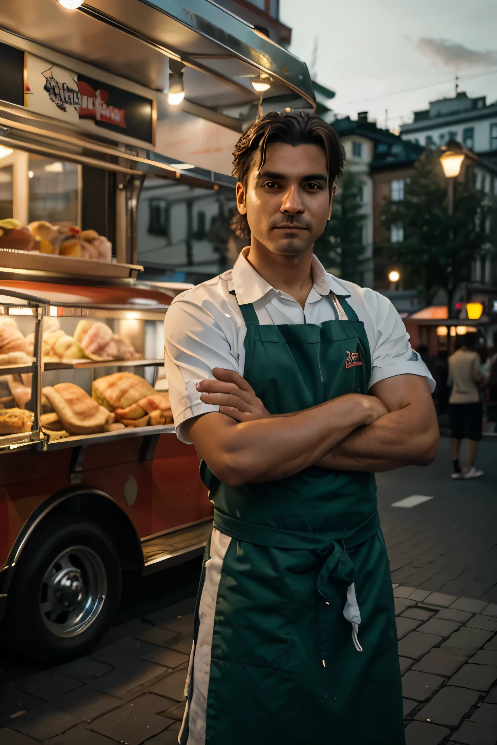 ((best quality)), ((masterpiece)), (detailed), a street chef posing with arms together in front of a hamburger wagon in the night, Stockholm, realistic photograph