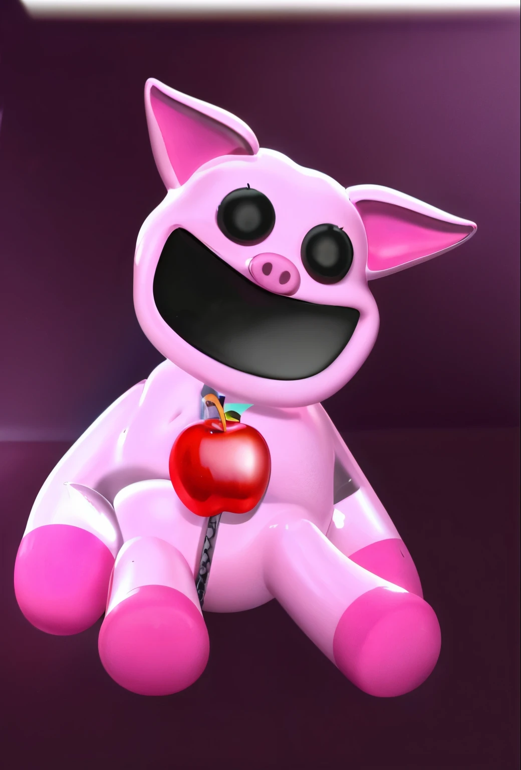 pink pig toy, toy pig sitting on floor, on neck an apple, glossy texture, smooth 3d model, multiple light sources, rim light, sharp post effects render, (glossy metallic texture with multiple big light probe refractions), perfect cgi, cgi art created only with gradients, smooth silhouette, high intensity refraction, (super glossy chrome material), most beautiful vfx, blue background, chrome metal refractions
