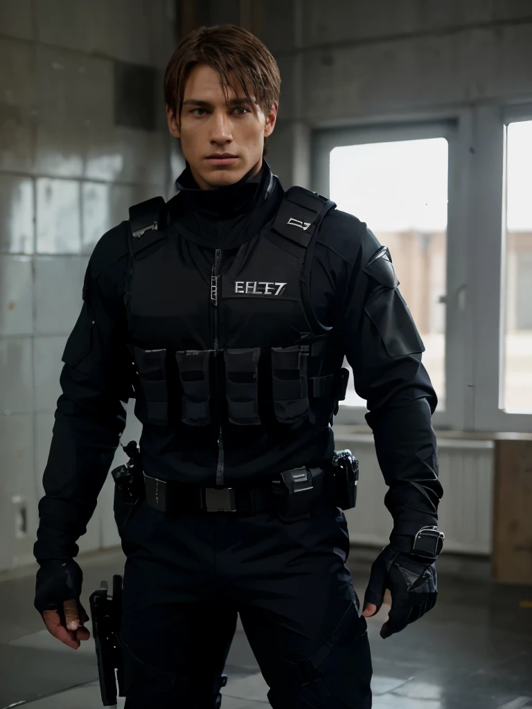 Claro, here is a physical description of Leon Scott Kennedy in the black tactical suit:
Leon Scott Kennedy is a man with an athletic appearance and short brown hair.. With his piercing blue eyes and his square jaw, radiates determination and courage. En su rostro, se pueden ver las marcas de las duras batallas que ha enfrentado.
He wears a tight black tactical suit that highlights his muscular figure.. The suit is equipped with strategically placed pockets and accessories, which shows your preparation for any situation. He wears a bulletproof vest that provides additional protection and is armed with a Glock pistol and a Russian AK 74 rifle..
Leon se mueve con agilidad y confianza, mostrando su destreza en el combate. His upright posture and determined look reflect his determination to face the dangers that come his way..