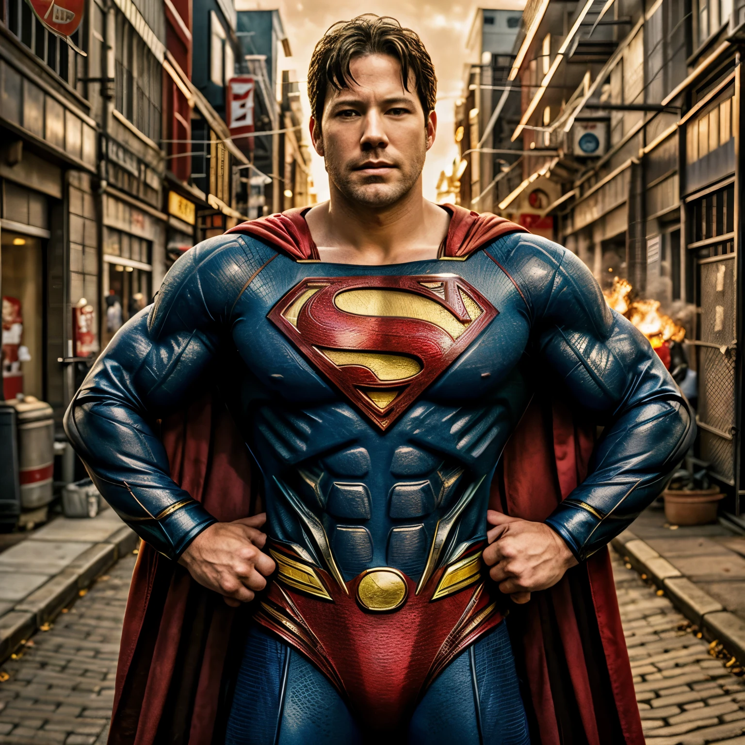 a close up of a superman standing in front of a fire, japanese dc live-action movie, ben affleck as superman, inspired by Zack Snyder, by Zack Snyder, justin hartley as superman, inspired by Jim Lee, , in the justice league, superman emerging from the sun