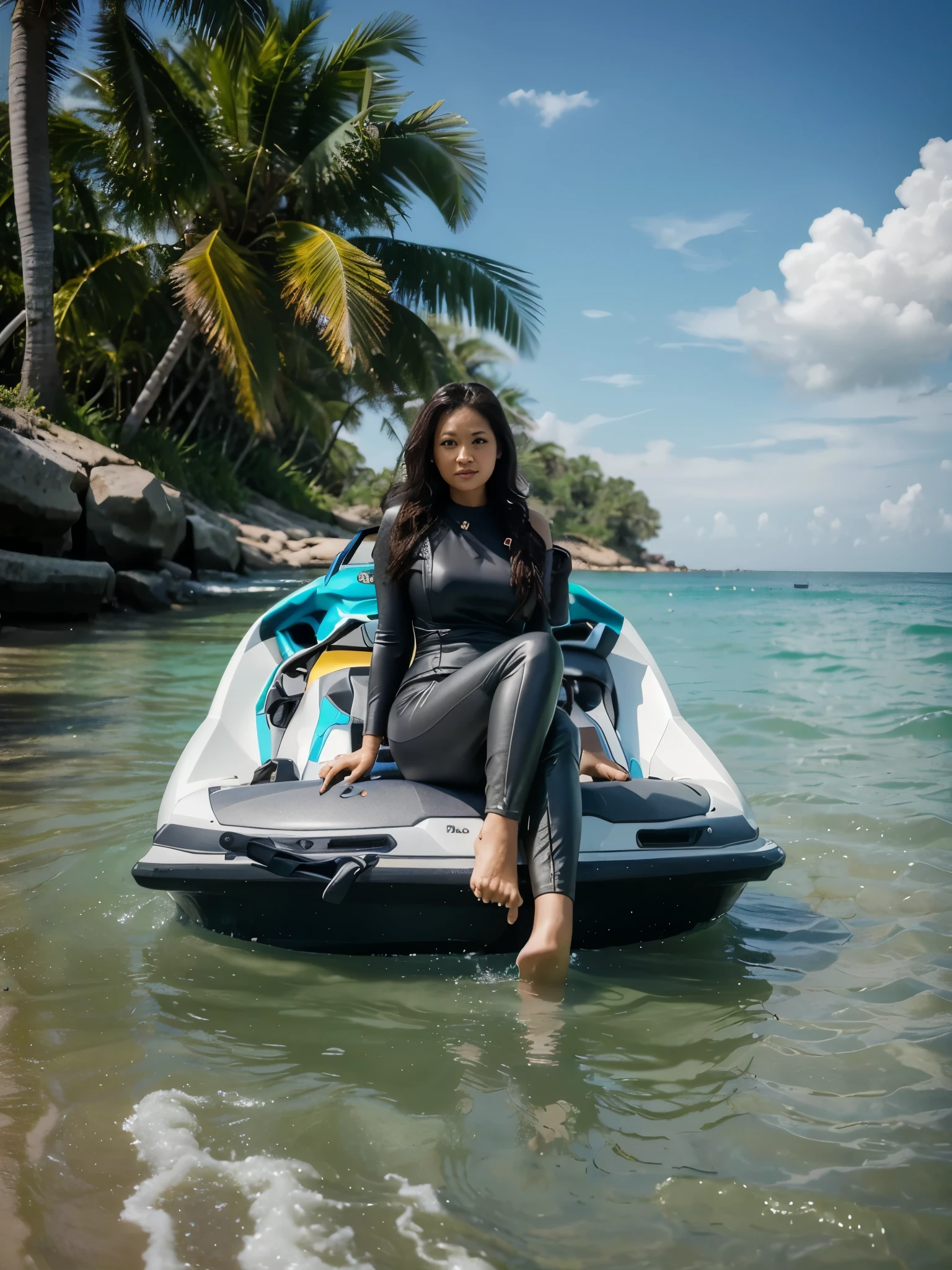 Malaysian woman, (40 years old), plump, sitting on a jetski, beach sea atmosphere, realistic, photograpy