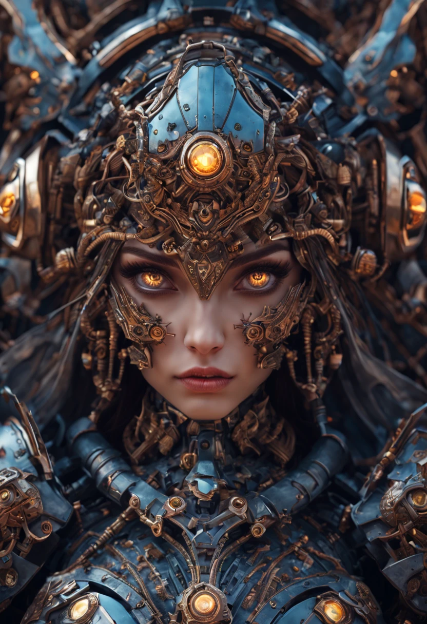 Beautiful mechanical warrior optical glowing eyes sci-fi technology beautiful armor, extremely detailed intricate details, A masterpiece of delicate brushwork, (best quality), (Super detailed), surreal landscape, sci-fi intricate details, Super detailed