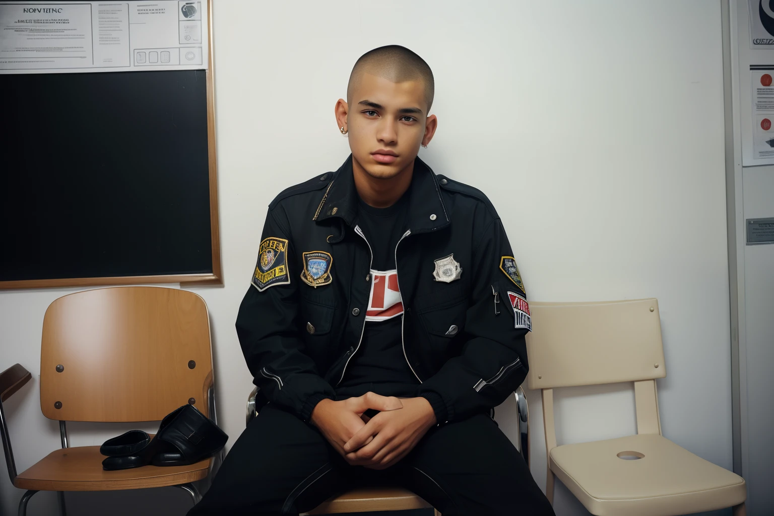 Huelva, Spain, 2002. ((((-yeld)) enzo)), pale, skinny, in a police station, sitting on a chair, drunk, bloody nose, bruised, black eye. ((((casual clothings from the 2000s, black jacket, boots)))), ((buzz cut hair))