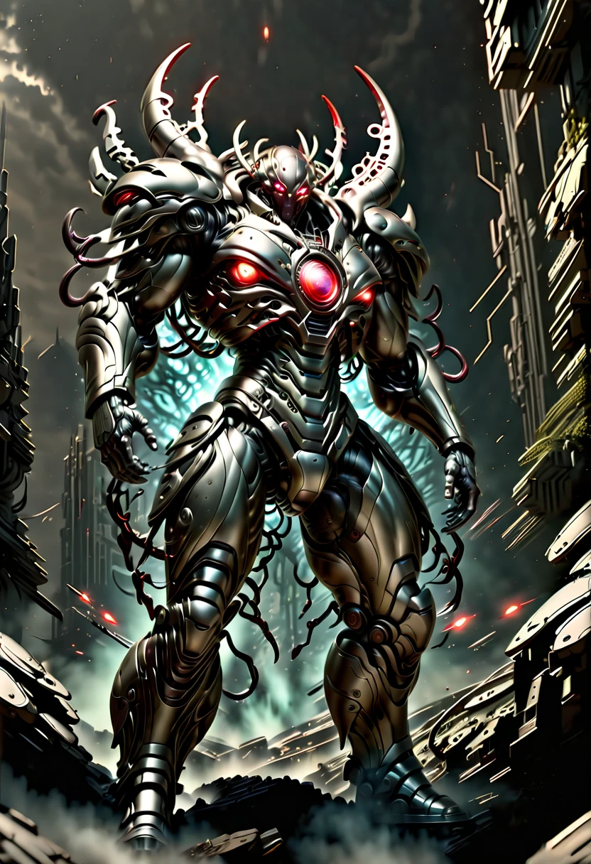 (Vision:1.8), (full-body shot:1.5), A cyborg male warrior with cybernetic enhancements stands on a futuristic battlefield，((Aim with a rifle))。His body is made of complex mechanical parts、Complex assembly of cables and gears，Symbolizing the fusion of man and machine。The environment is desolate、war-torn landscape，Shows the stark contrast between the remnants of Zeng Ming&#39;s world and the advanced technology that now dominates。The warrior&#39;s posture is focused and determined，Highlighting his readiness for battle。The details of his mechanical components are carefully designed，pistons、Wires and metal plates interlocking，formed into his awe-inspiring form。The scene is set at dusk，Cast a long shadow，Create a dramatic interplay of light and dark，Emphasizes the tension of the moment。This image captures the essence of the future warrior，Blending elements of science fiction with gritty realism ，(Eyes looking directly at the audience:1.5)