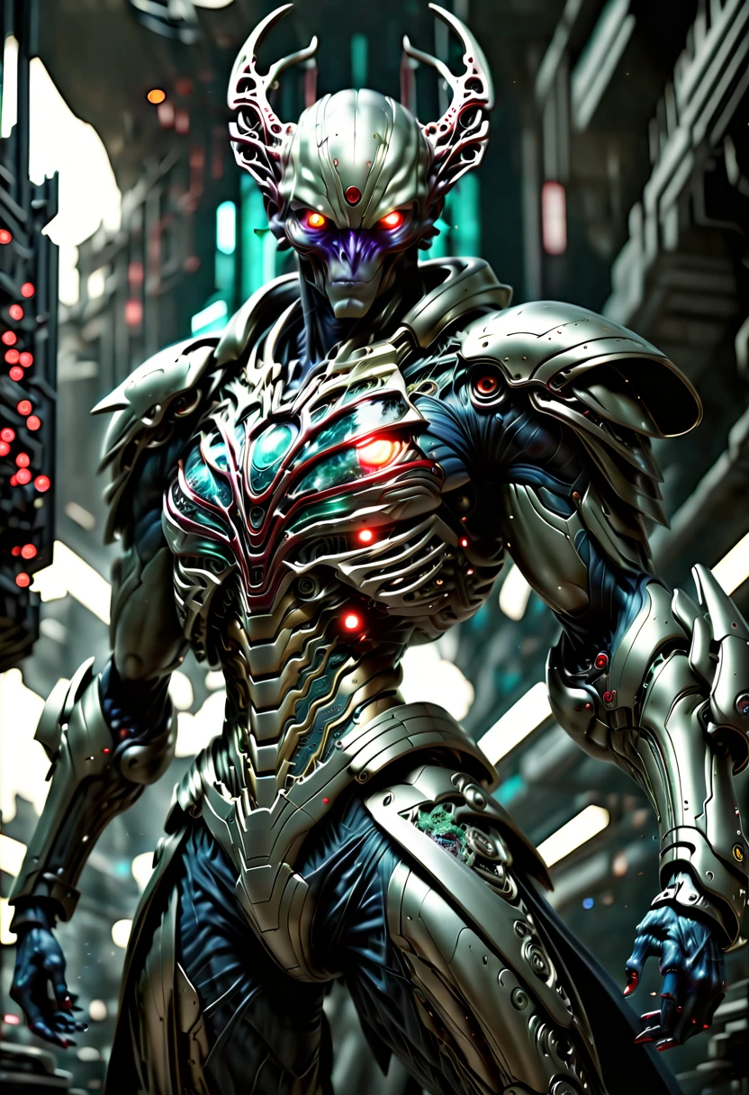 (Vision:1.8), (full-body shot:1.5), A cyborg male warrior with cybernetic enhancements stands on a futuristic battlefield，((Aim with a rifle))。His body is made of complex mechanical parts、Complex assembly of cables and gears，Symbolizing the fusion of man and machine。The environment is desolate、war-torn landscape，Shows the stark contrast between the remnants of Zeng Ming&#39;s world and the advanced technology that now dominates。The warrior&#39;s posture is focused and determined，Highlighting his readiness for battle。The details of his mechanical components are carefully designed，pistons、Wires and metal plates interlocking，formed into his awe-inspiring form。The scene is set at dusk，Cast a long shadow，Create a dramatic interplay of light and dark，Emphasizes the tension of the moment。This image captures the essence of the future warrior，Blending elements of science fiction with gritty realism ，(Eyes looking directly at the audience:1.5)