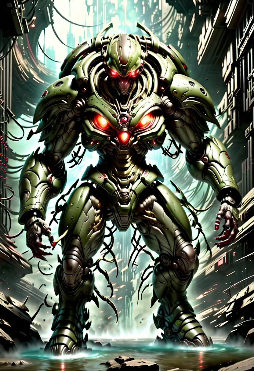 (Vision:1.8), (full-body shot:1.5), A cyborg male warrior with cybernetic enhancements stands on a futuristic battlefield，((Aim with a rifle))。His body is made of complex mechanical parts、Complex assembly of cables and gears，Symbolizing the fusion of man and machine。The environment is desolate、war-torn landscape，Shows the stark contrast between the remnants of Zeng Ming&#39;s world and the advanced technology that now dominates。The warrior&#39;s posture is focused and determined，Highlighting his readiness for battle。The details of his mechanical components are carefully designed，pistons、Wires and metal plates interlocking，formed into his awe-inspiring form。The scene is set at dusk，Cast a long shadow，Create a dramatic interplay of light and dark，Emphasizes the tension of the moment。This image captures the essence of the future warrior，Blending elements of science fiction with gritty realism ，(Eyes looking directly at the audience:1.5)