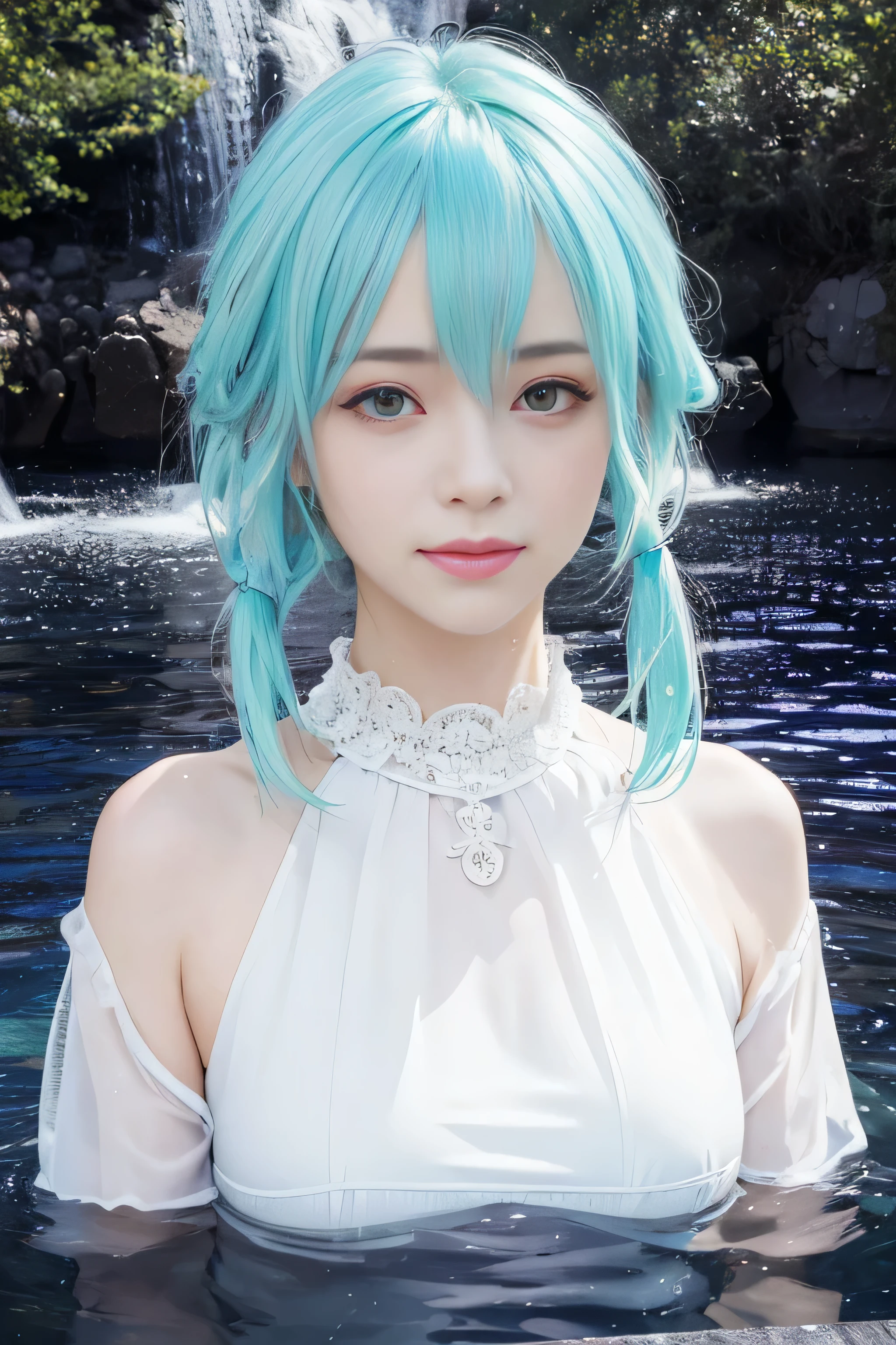 masterpiece, best quality, (realistic,photo-realistic:1.4), (RAW photo:1.2), extremely detailed CG unity 8k wallpaper, delicate and beautiful, amazing,finely detail, official art, absurdres, incredibly absurdres, huge filesize, ultra-detailed,extremely detailed eyes and face,light on face,(little smile),sinon,(cyan hair:1.4),short hair,pool background,(wearing white dress:1.3),(wet body:1.4),sidelocks