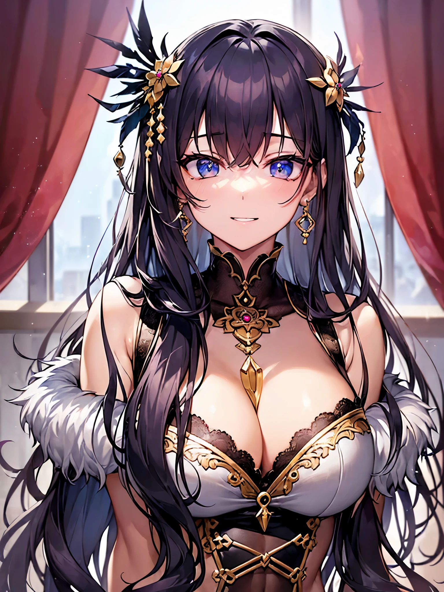 ((highest quality)),(ultra high resolution),(Super detailed),(detailed description),((best CG)),(best work of art),super precision art,great drawing art,(Works with precise details:1.5), (1 woman:1.6),(beautiful and well-shaped face:1.5),(緻密で詳細に描写されたレース付きSee-throughドレス:1.8),See-through:1.4,Luxury jewelry with intricate details:1.5,Waist Accessories:1.5,Look at me and smile:1.5