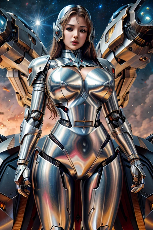 Masterpiece, Female Mecha Warrior in front of space ships, giga_busty, ( metal skin:1.5), (metal body:1.5)