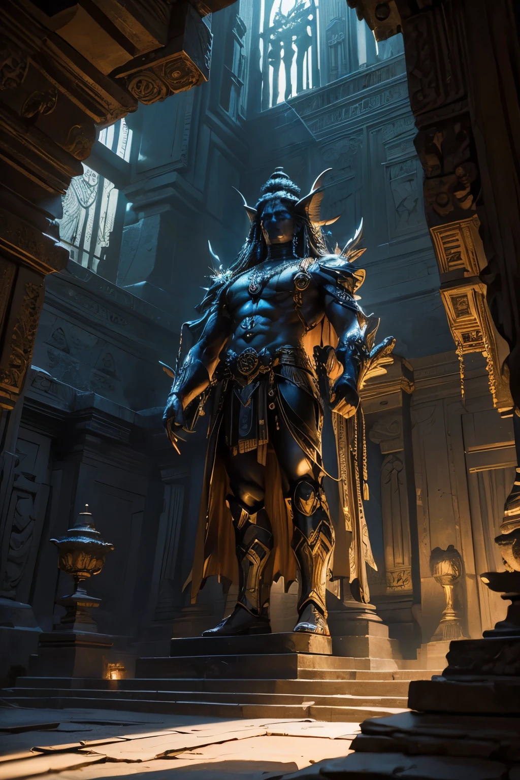 ((Masterpiece)), ((Best quality)), ((Amazing detail)), ((Illustration)), ((A high resolution (16K))),
Lord Shiva in an ancient temple cave on Mount Kailash,
Surrounded by intricately carved sculptures of Hindu gods and goddesses,
Backlit by the setting sun, casting long shadows,
Chiaroscuro playing on his wrinkled, lean frame,
Cyberpunk elements fused with mecha and metal material,
Neon lights flickering on dusty temple walls,
Perspective from below, capturing the grandiosity of his pose,
Dark fantasy atmosphere with an overcast sky,
Realistic and phot