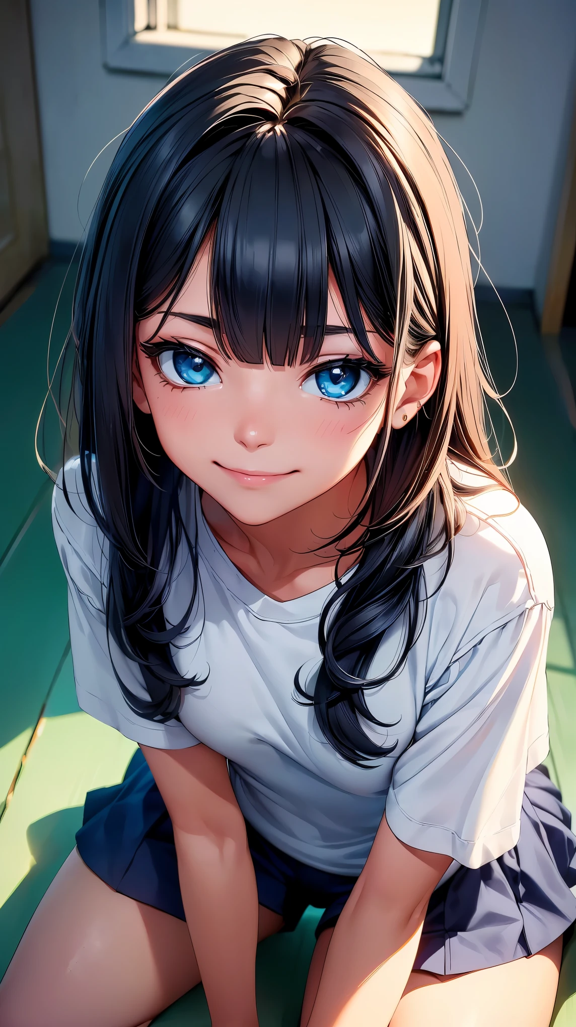 (8K, RAW photo, 最high quality, masterpiece:1.2), High-definition RAW color photo, Professional photo shoot, cinematic light, alone, (((young woman))), (Sharp features), (small face), (high detail skin:1.2), clavicle, cute face, beautiful appearance, long eyelashes, (rainbow colored hair, blue eyes), beautiful breasts, (slim body shape:1.4), very detailed顔と肌の質感, fine eyes, double eyelid, look sideways, in motion, ((shortcut, long bangs on one side, asymmetrical bangs, One eye hides, wavy hair)), slender body, ((open your mouth and smile:1.2)), big breasts, normal hip joint, cowboy shot, (((Kneel facing forward:1.2, Composition from directly below, super low angle:1.5, spread your legs:1.2))), (((round neck white training shirt:1.5, navy blue bloomers:1.5, Seductive thighs))), classroom background, staring eyes, beautiful skin, shiny skin, perfect fingers, five fingers, anatomically correct, background bokeh, high quality, surreal, bright colors, ((very detailed, photo shoot)),